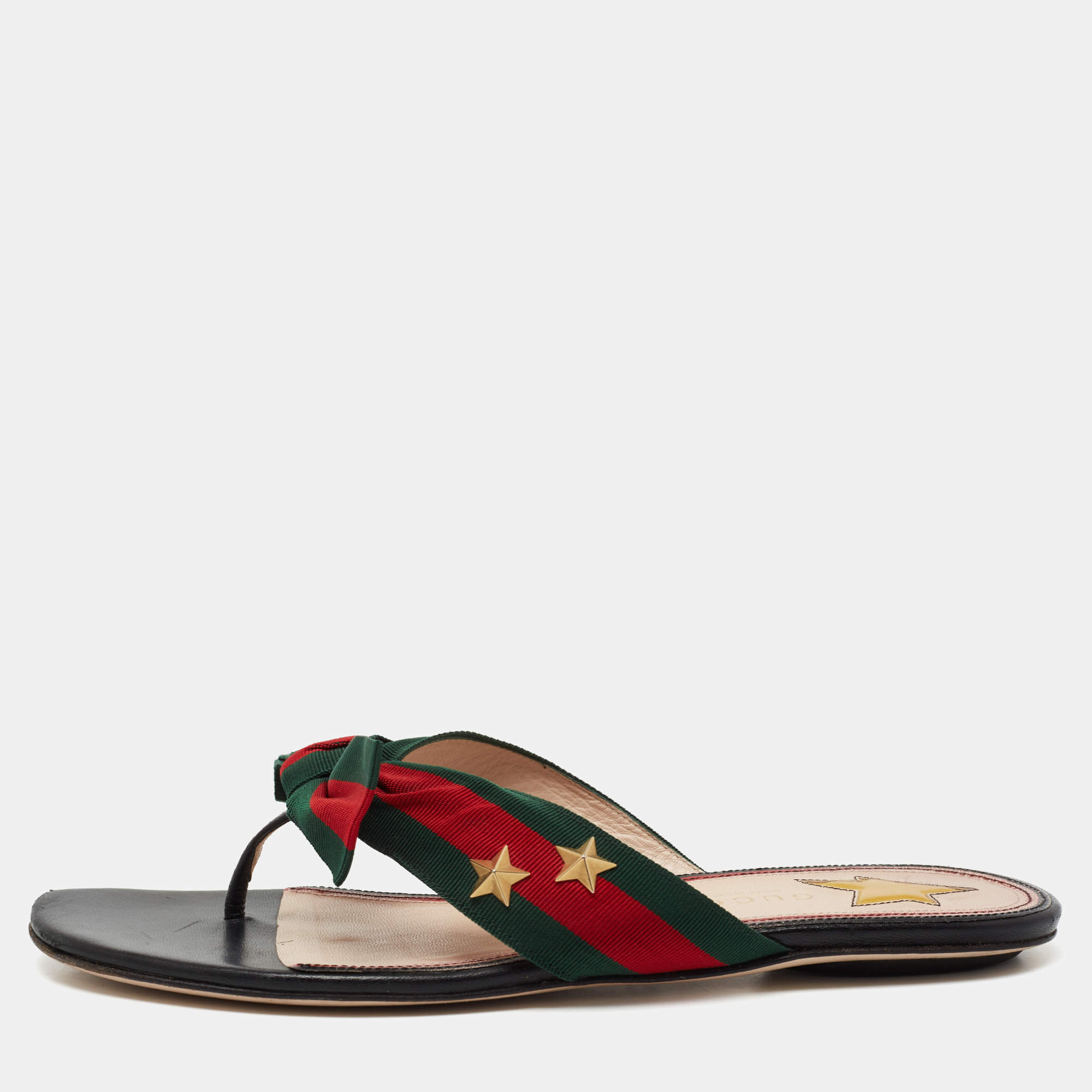 Gucci Black Leather Web  Bow Accent Thong Sandals Size 37
