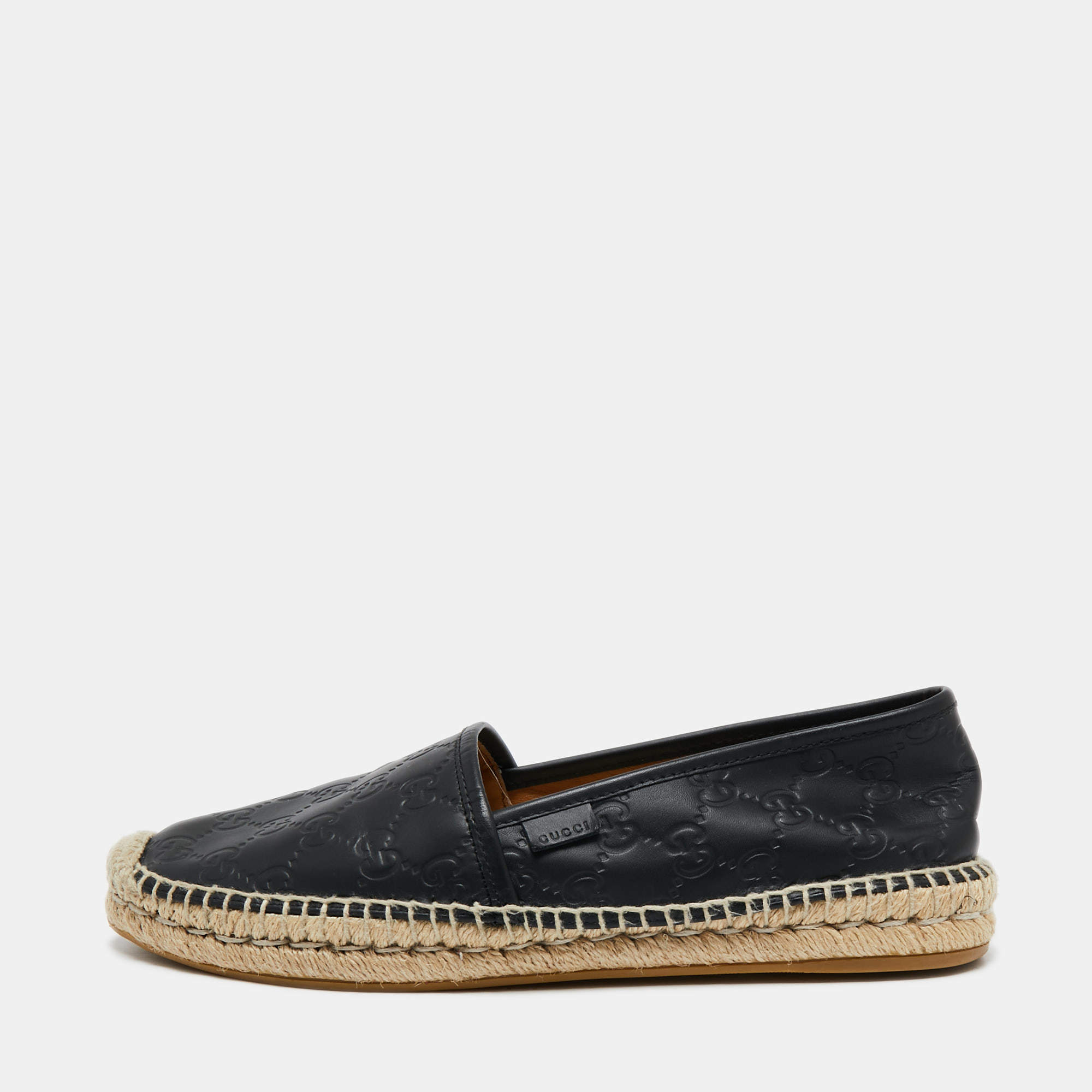 Pre Owned Gucci Black Guccissima Leather Flat Espadrilles Size 40