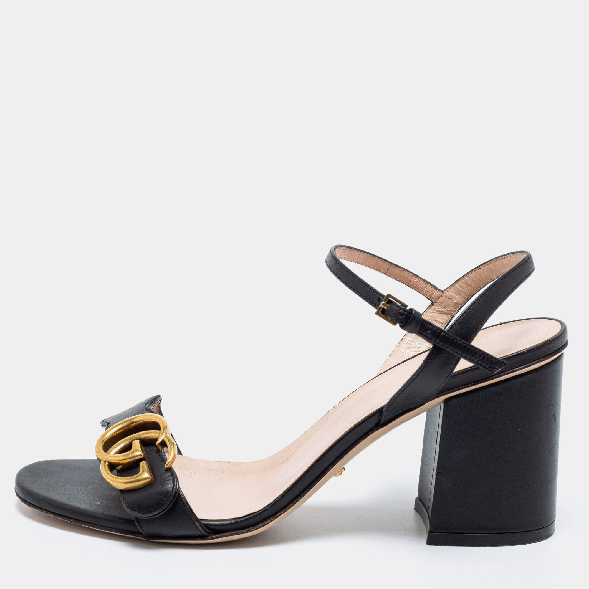 مملوكة مسبقًا Gucci Black Leather GG Marmont Block Heel Ankle Strap Sandals Size 37