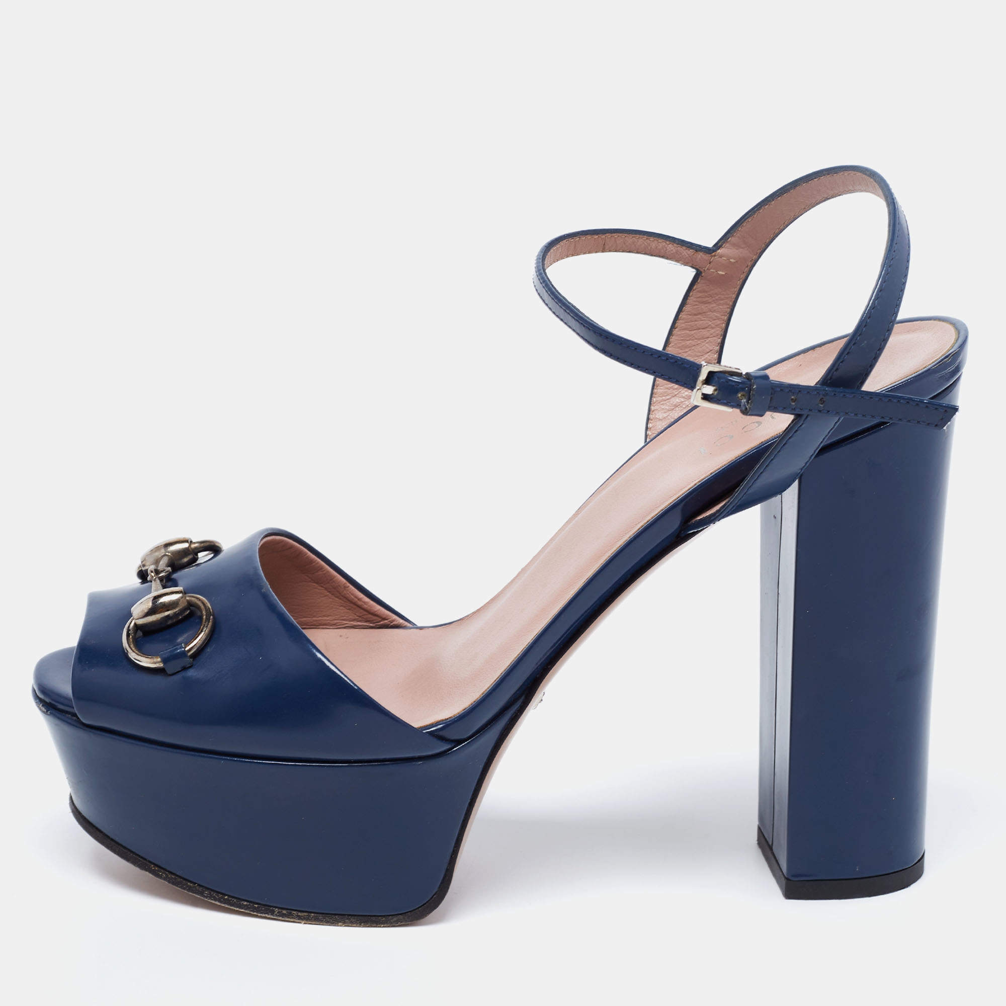 Pre Owned Gucci Navy Blue Patent Leather Claudie Sandals Size 38