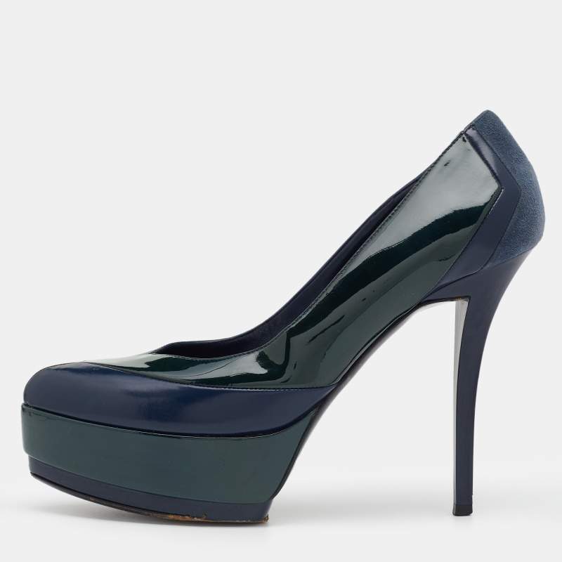 Pre Owned حذاء كعب عالي غوتشي جلد وجلد لامع أخضر/أزرق نعل سميك مقاس 36.5