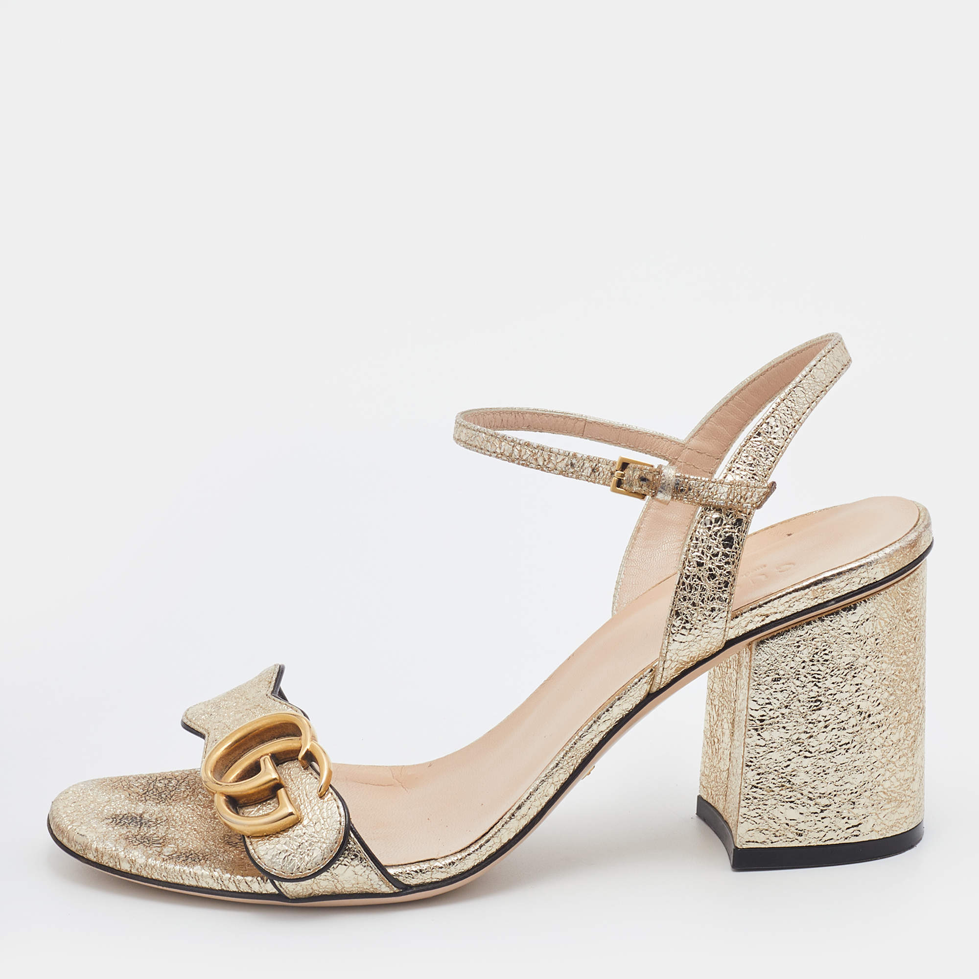 Pre Owned Gucci Metallic Gold Crinkled Leather GG Marmont Ankle Strap Sandals Size 37.5