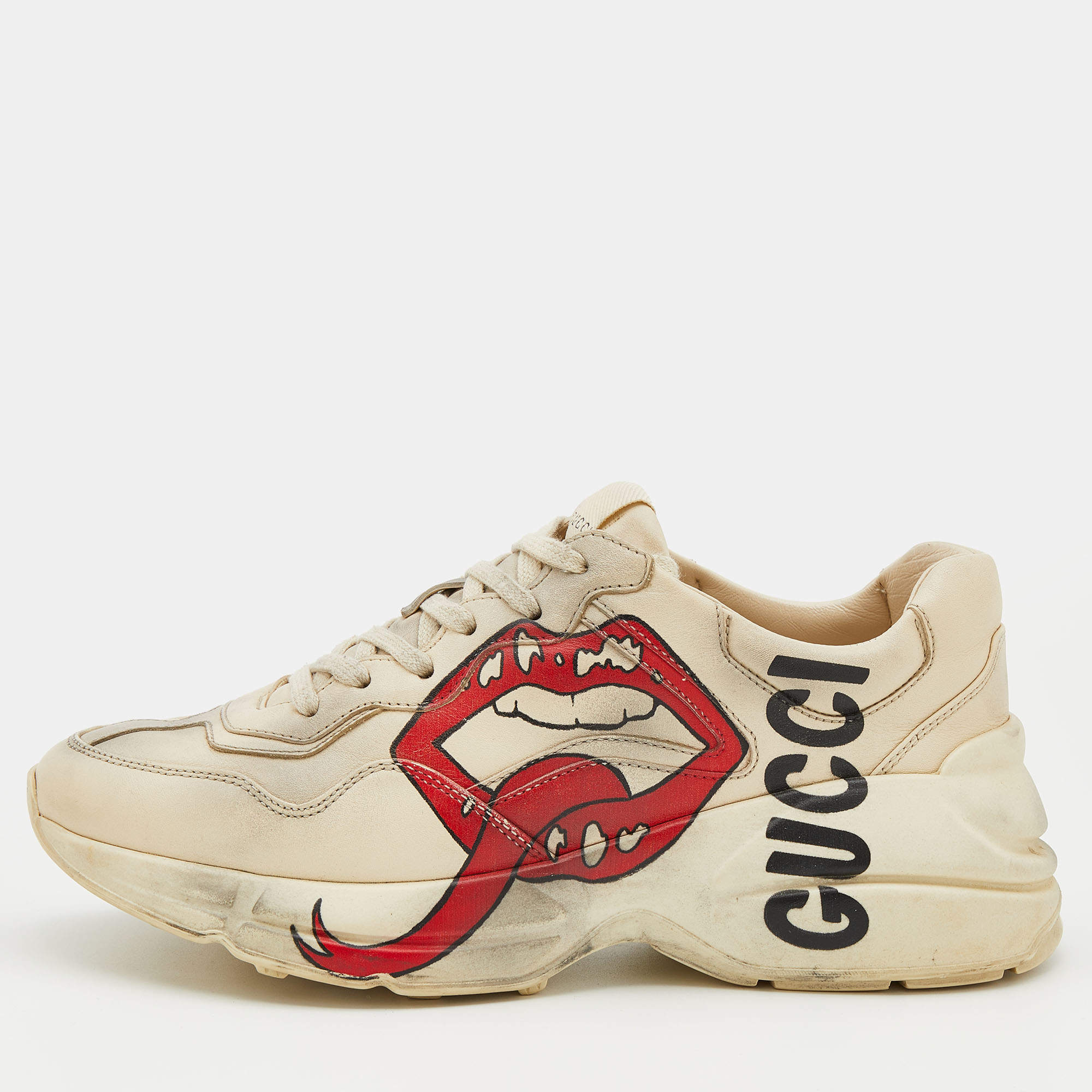 مملوكة مسبقًا Gucci Cream/Grey Leather Rhyton Gucci Logo Lace Up Sneakers Size 38.5