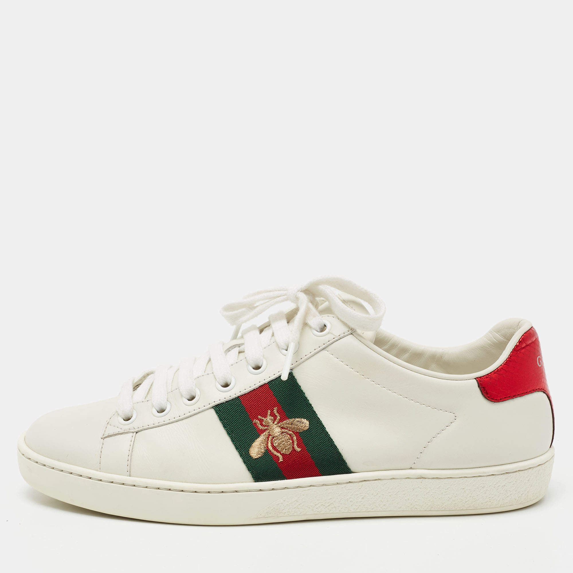 Gucci White Leather Ace Embroidered Bee Low Top Sneakers Size 37