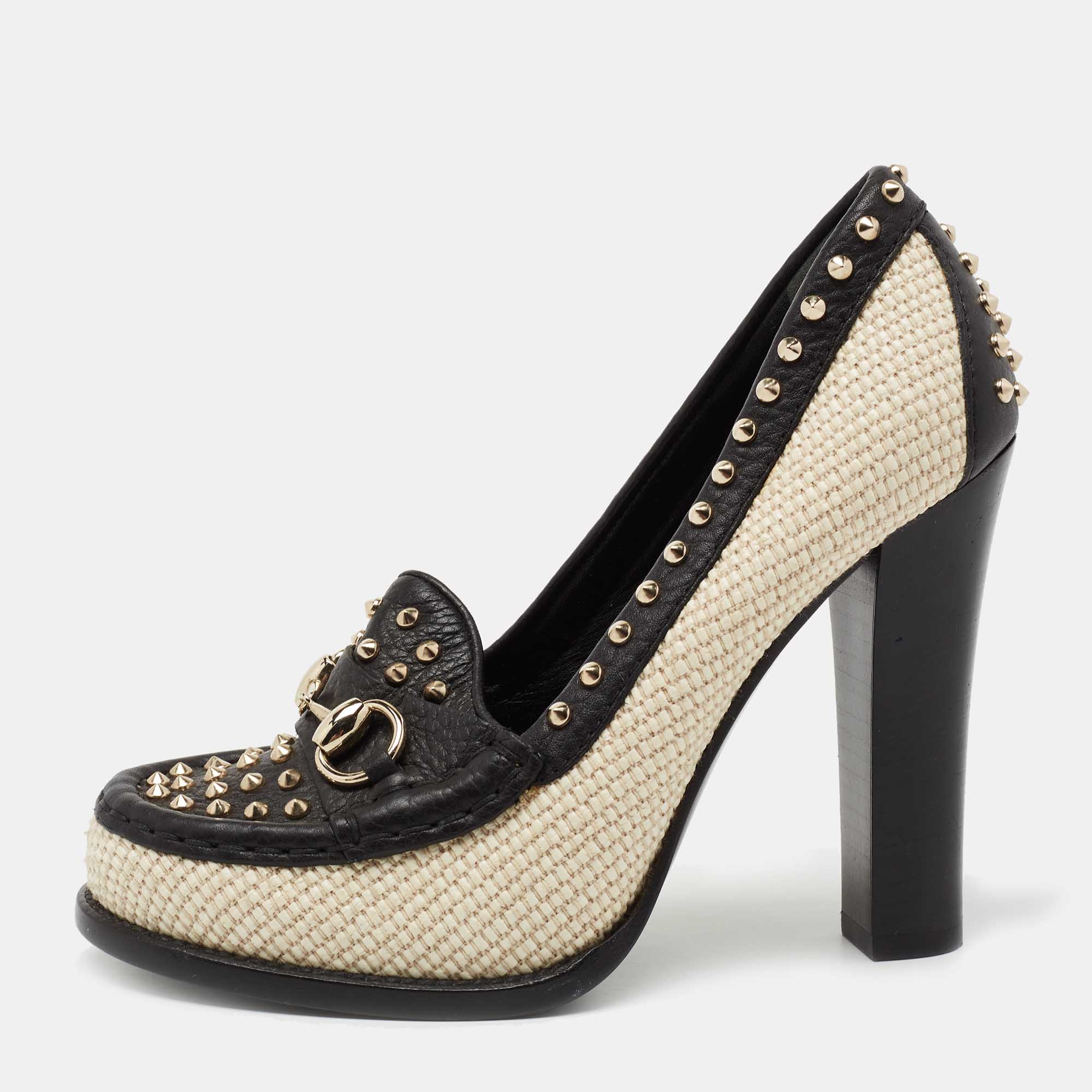 Pre Owned Gucci Black/Cream Leather and Straw Studded Horsebit Alyssa Loafer Pumps Size 36.5