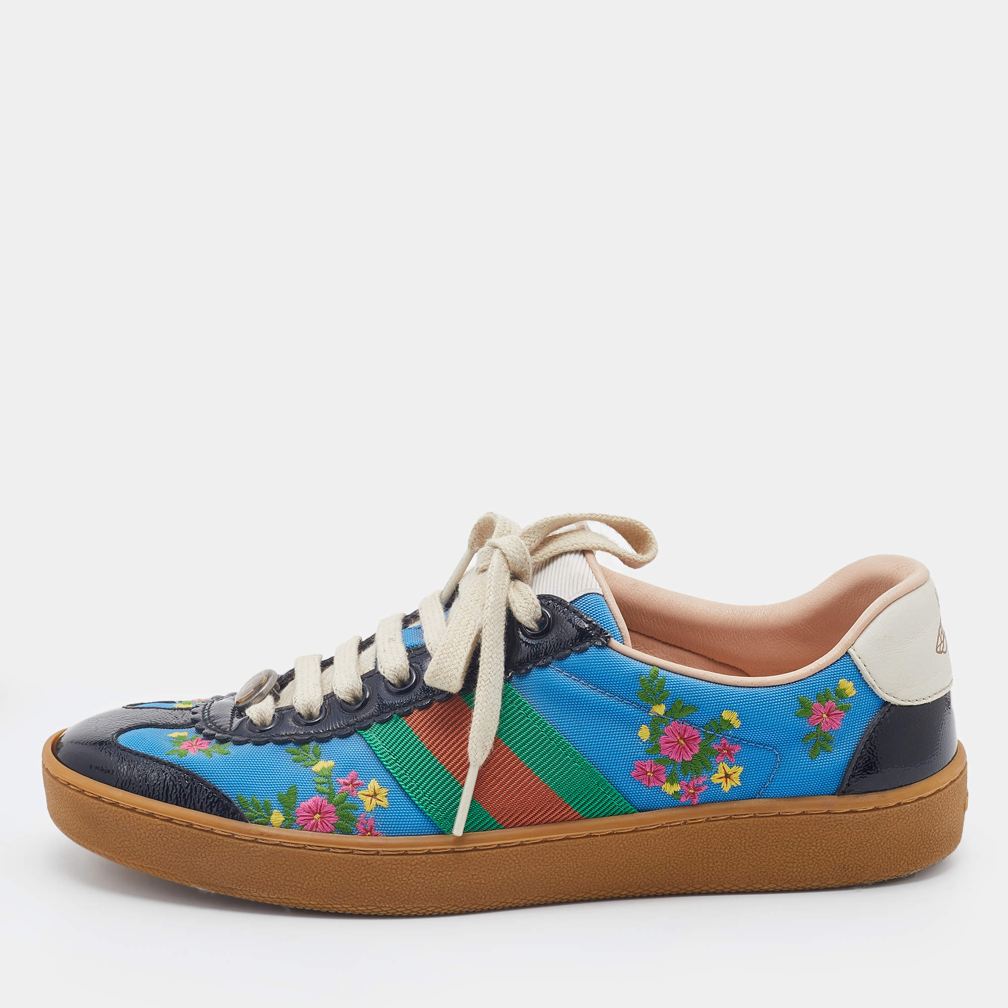 مملوكة مسبقًا Gucci Multicolor Floral Embroidered Fabric And Patent Leather Web Detail Low Top Sneakers Size 37