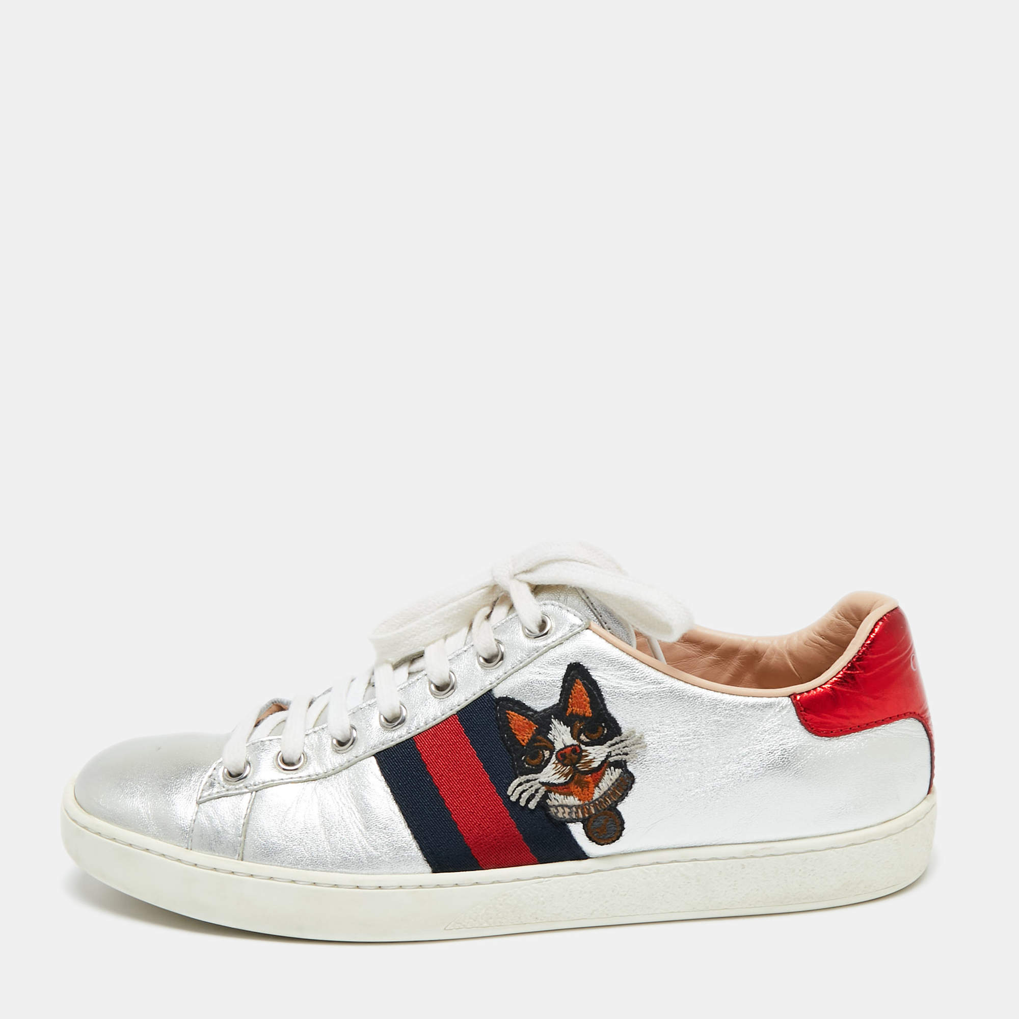 Gucci Silver Leather Ace Lace Up Sneakers Size 37.5