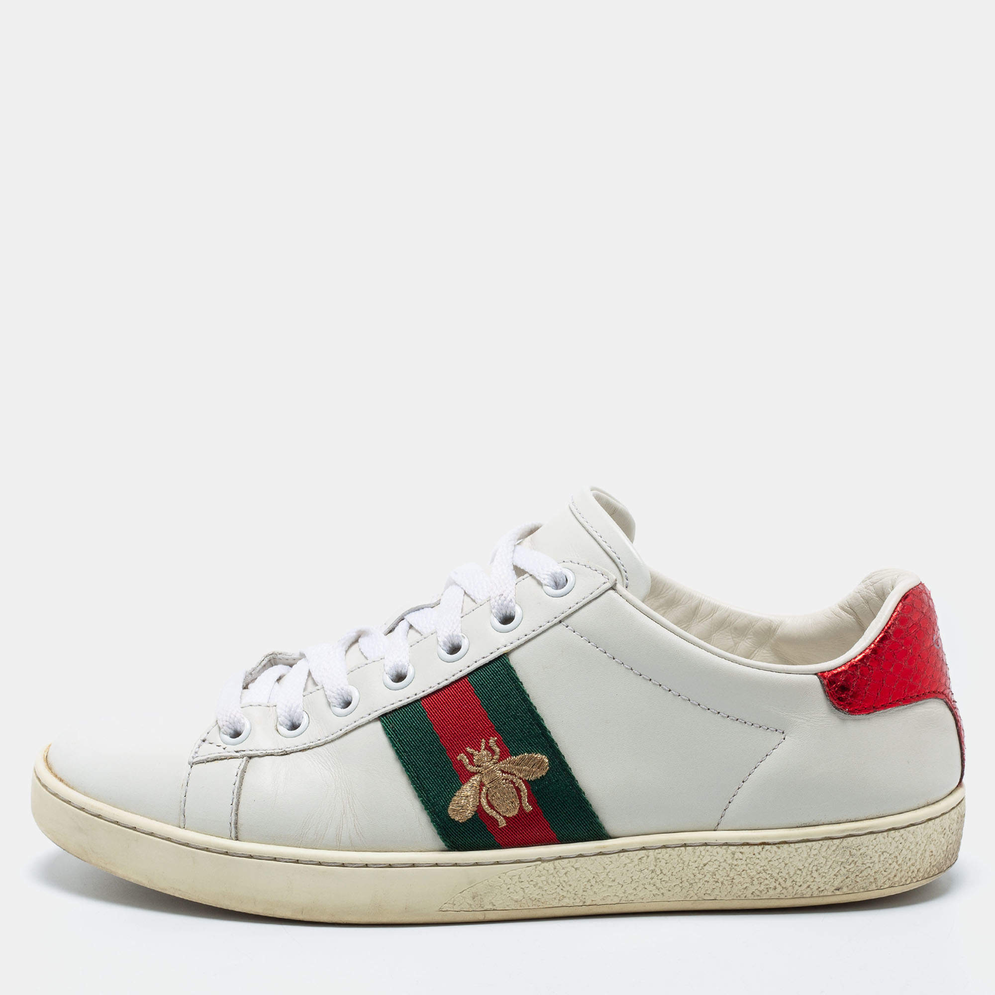 Gucci White Leather And Python Embossed Leather Bee Ace  Sneakers Size 38.5