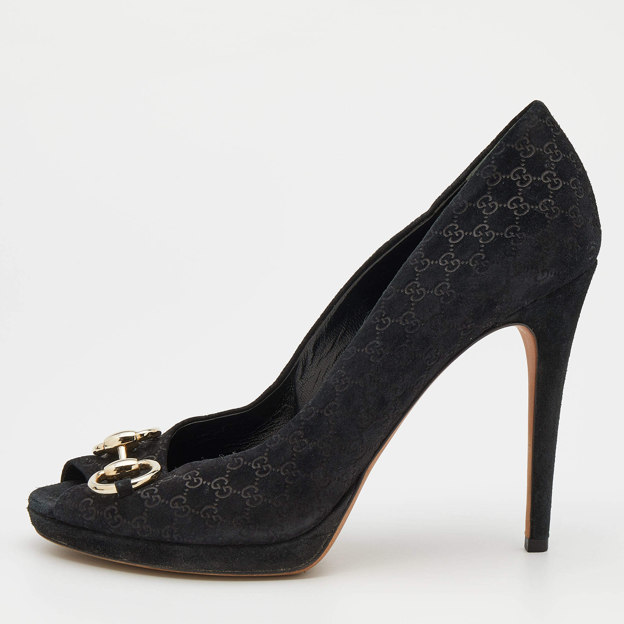 Gucci Black Microguccissima Suede Horsebit Peep Toe Pumps Size 39