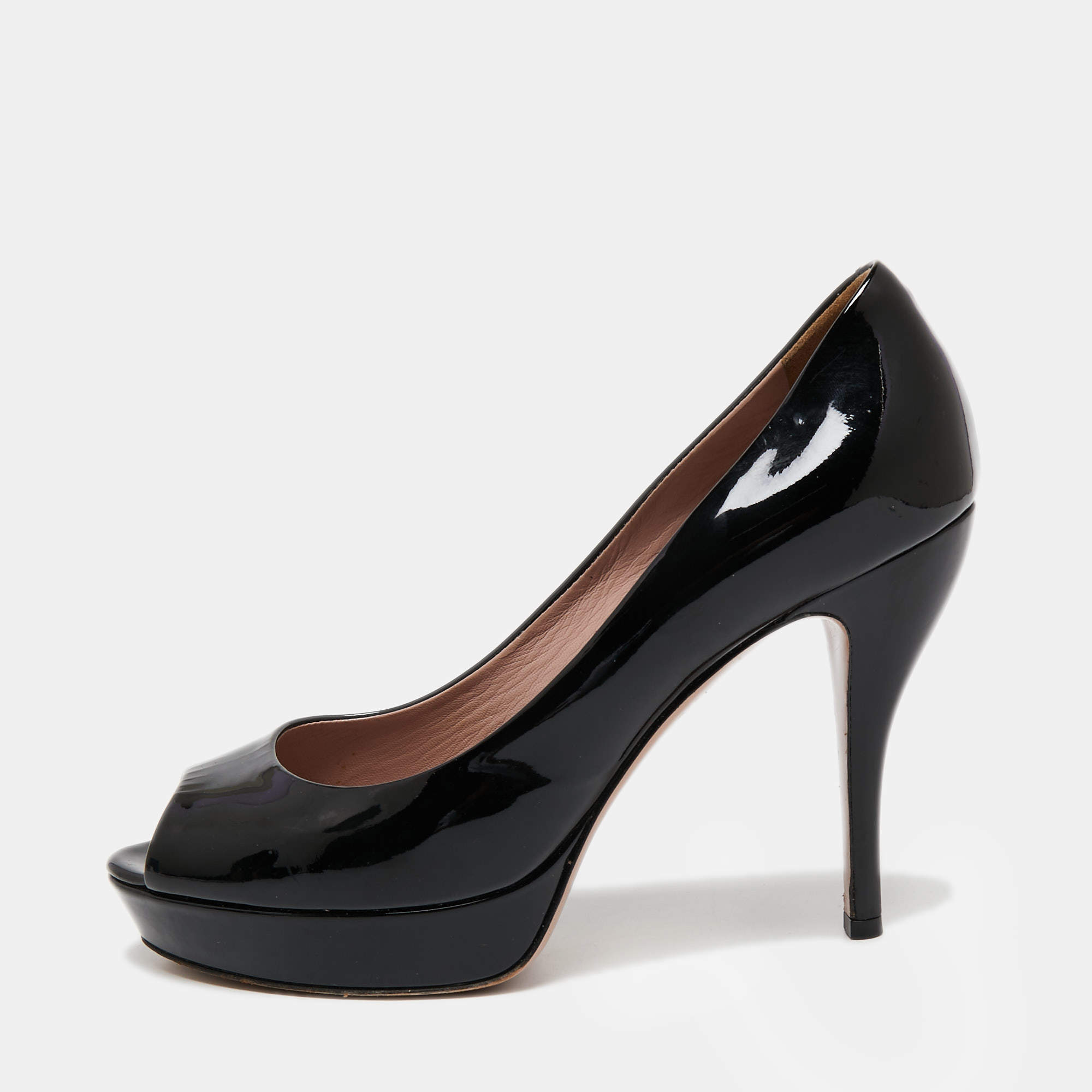 Pre Owned Gucci Black Patent Leather Peep Toe Platform Pumps Size 38
