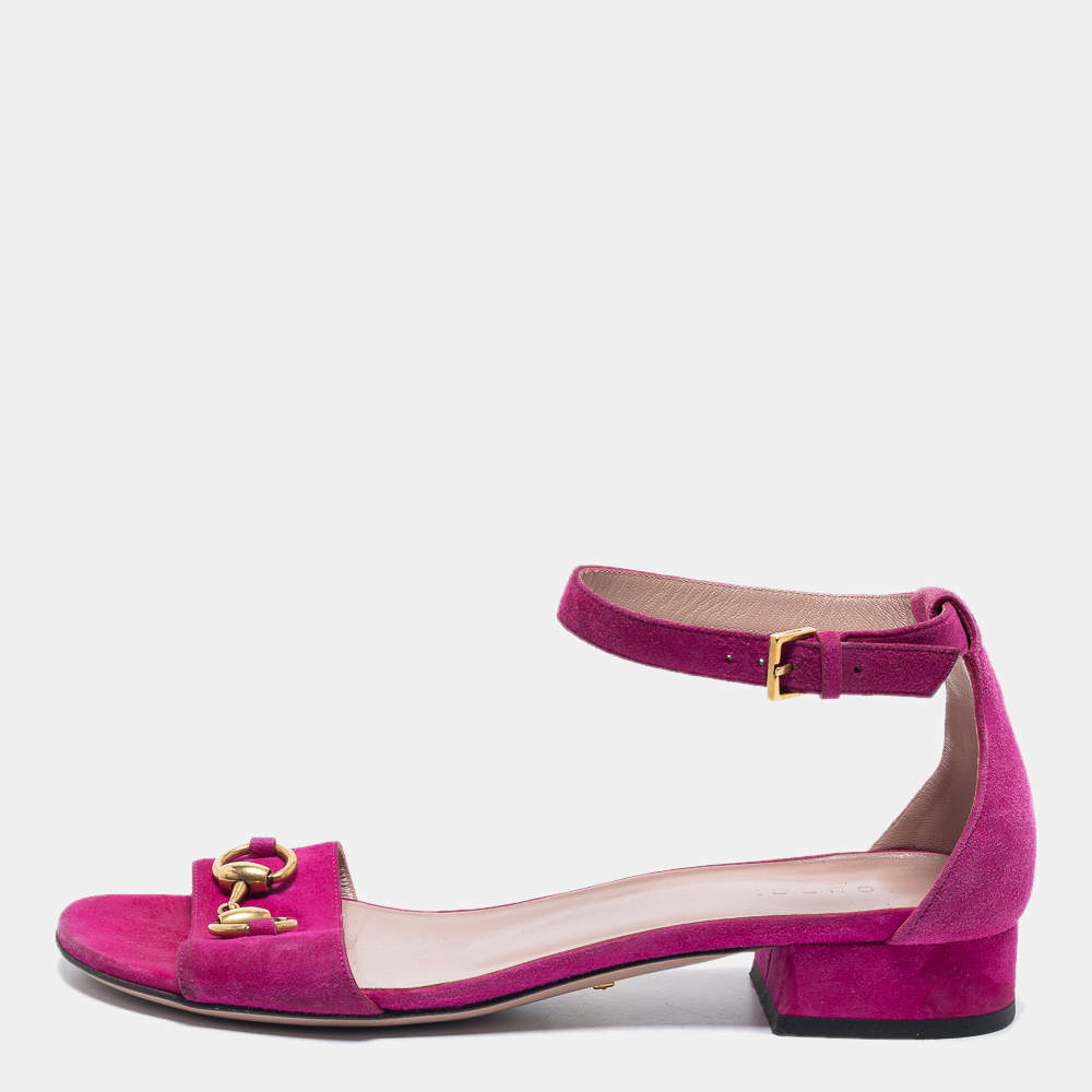 Pre Owned Gucci Pink Suede Horsebit Accent Ankle Strap Sandals Size 37.5