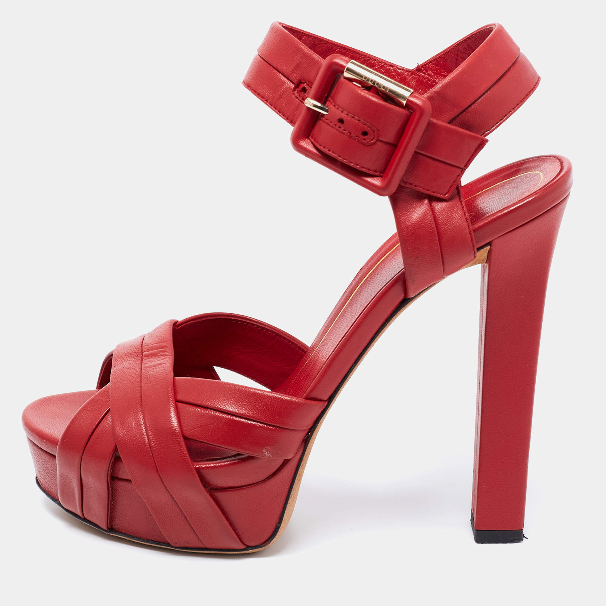 Gucci Red Leather Strappy Platform Sandals Size 37.5