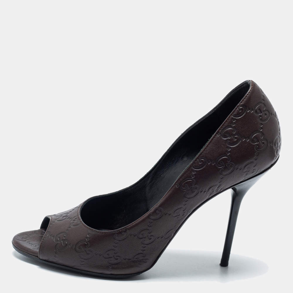 Pre Owned Gucci Dark Brown Guccissima Leather Peep Toe Pumps Size 40