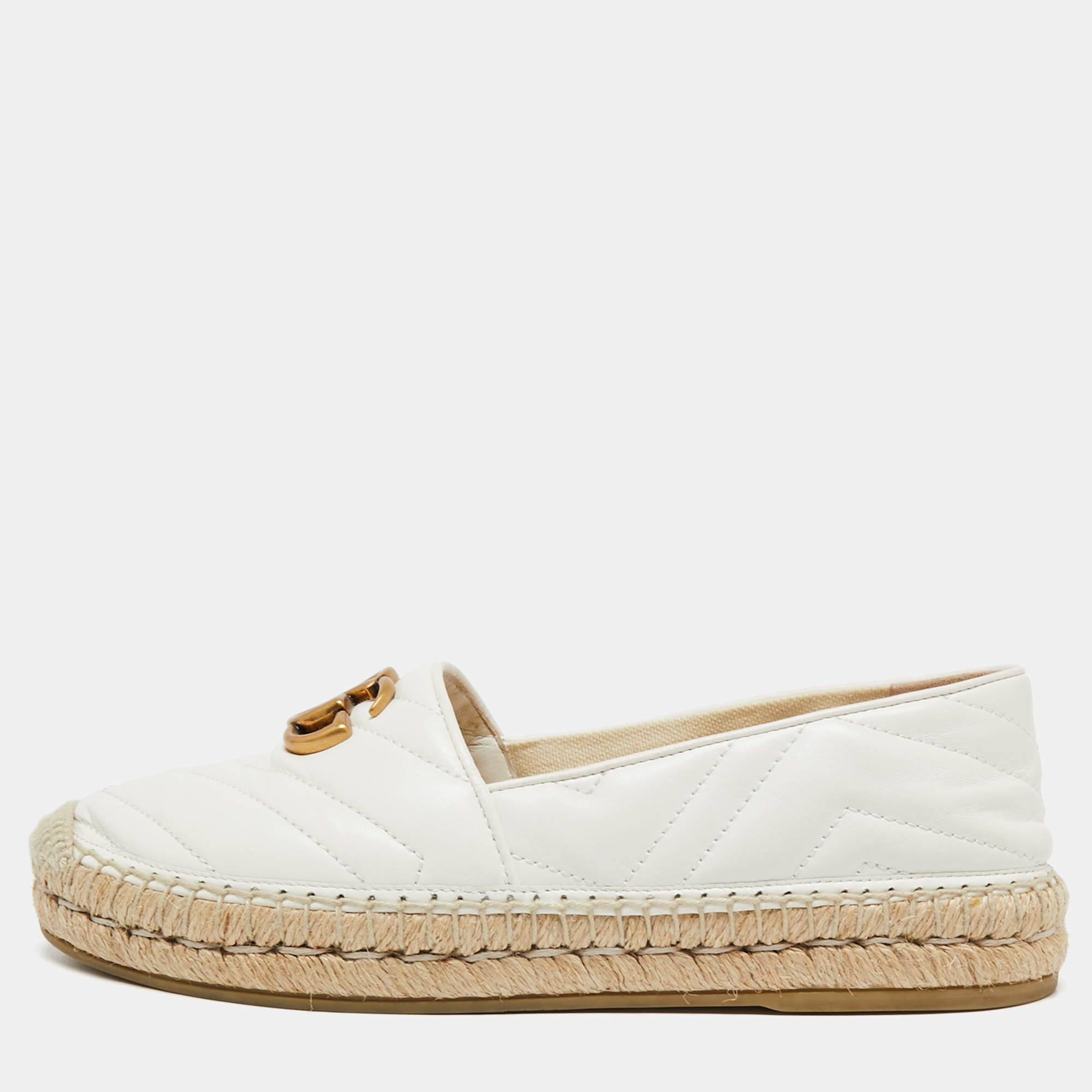 Pre Owned Gucci White Matelassé Leather GG Marmont Flat Espadrilles Size 37.5