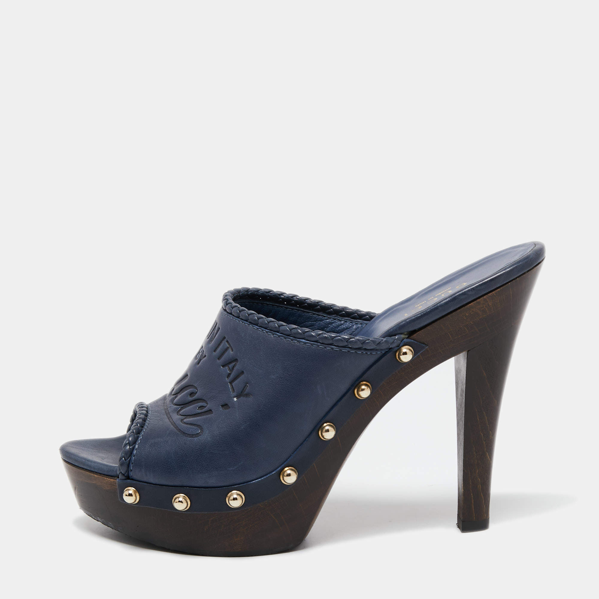 Pre Owned Gucci Navy Blue Leather Logo Embossed Studded Craft Clogs Size 36.5