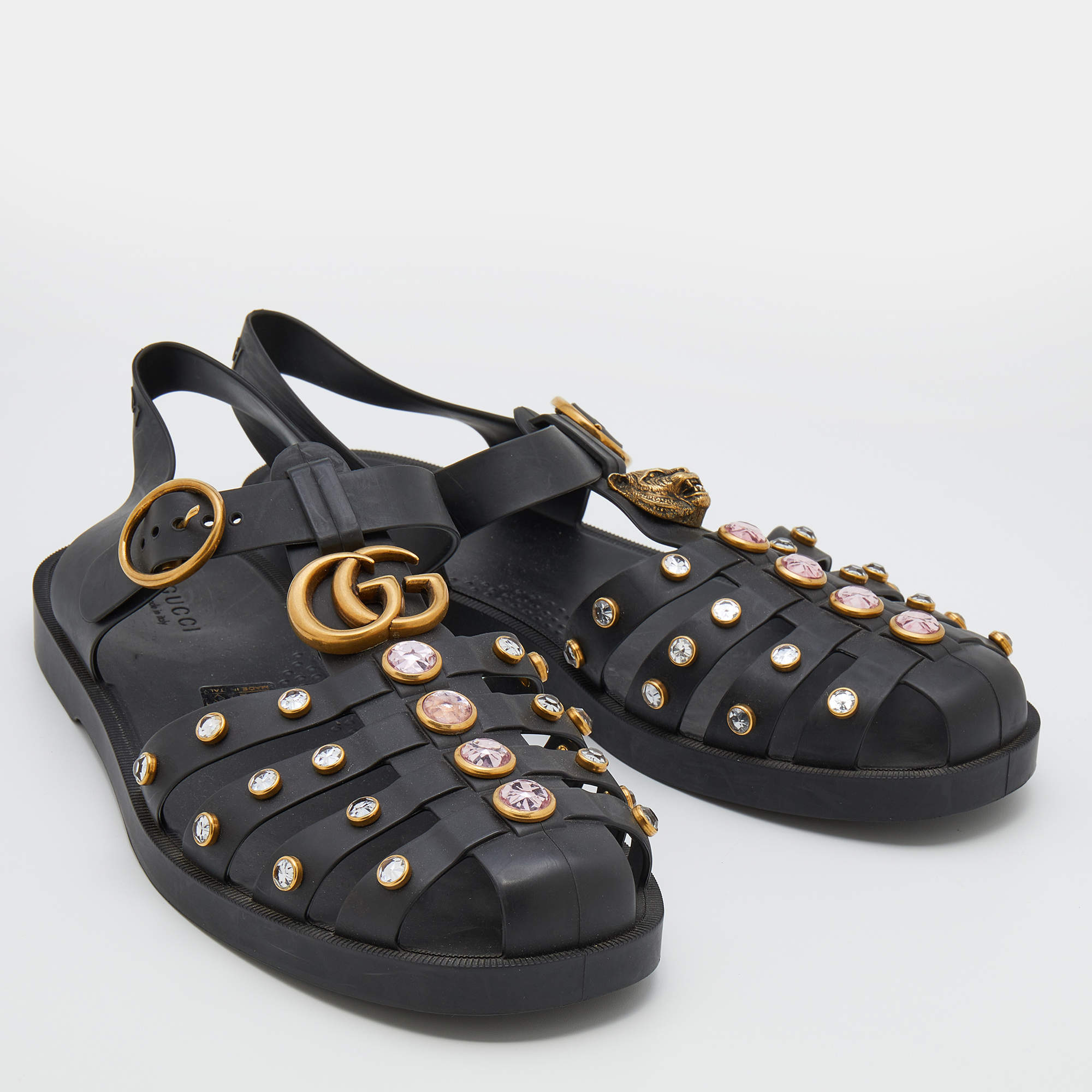 Gucci Black Rubber Crystal Embellishments Caged T Strap Flat