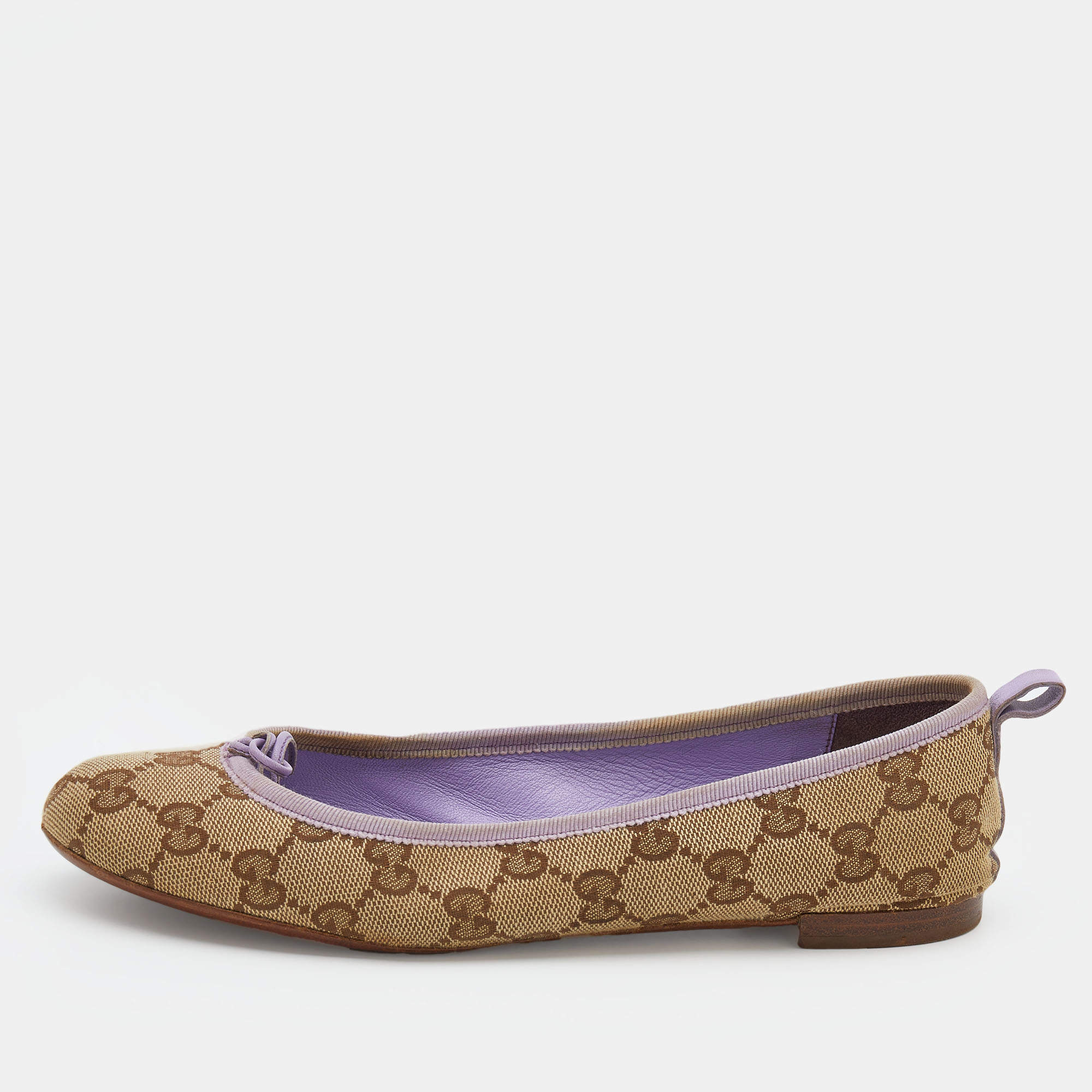 Pre Owned Gucci Beige/Purple GG Canvas Bow Detail Ballet Flats Size 36