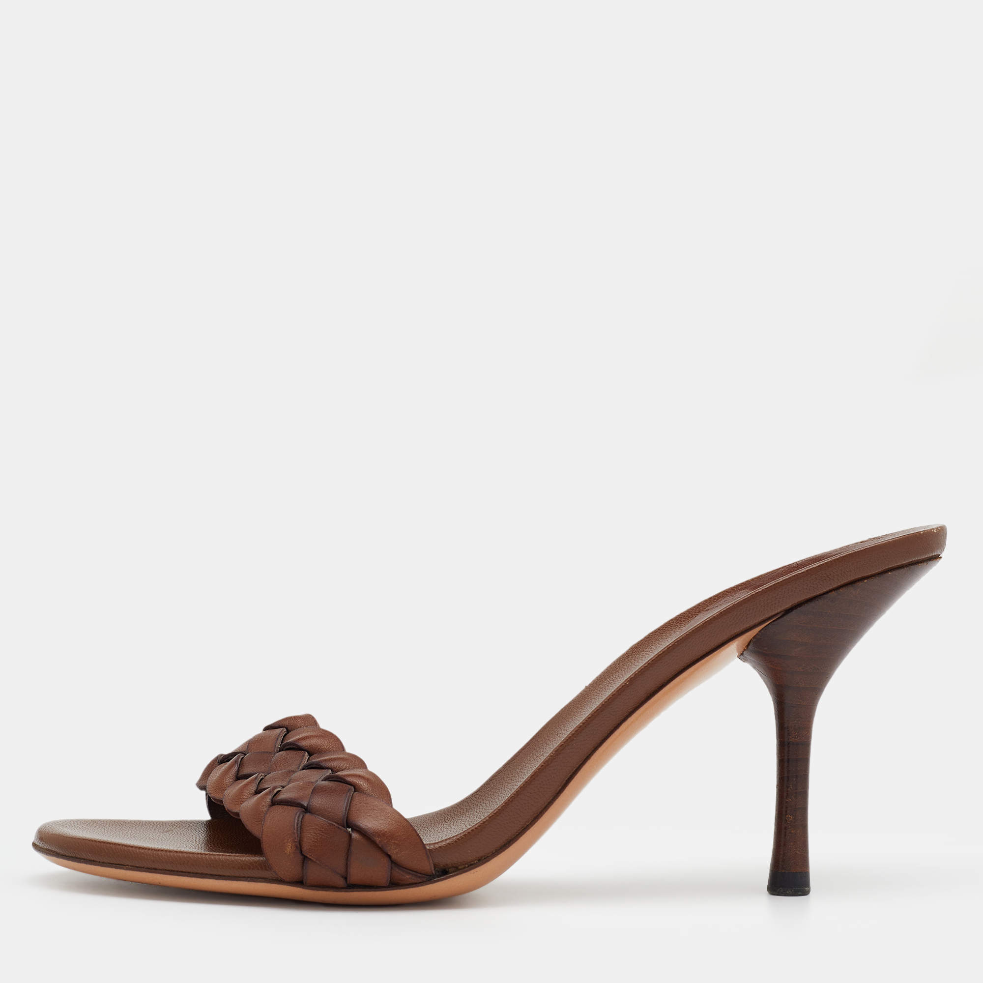 Gucci Brown Woven Leather Slide Sandals Size 36.5