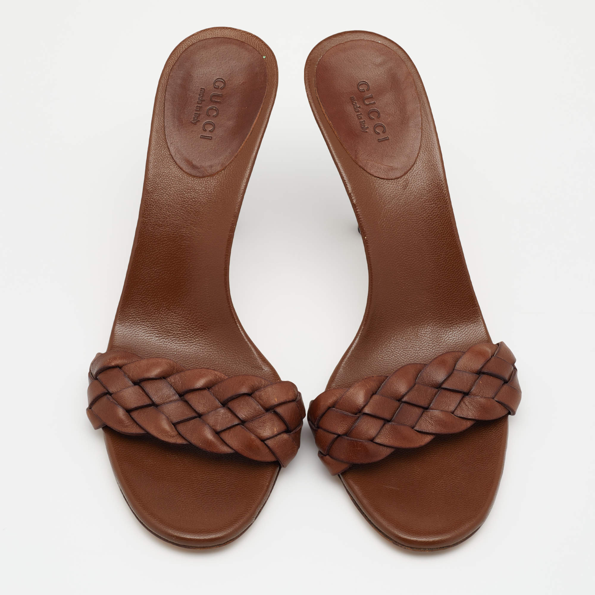 Gucci Italy Made Womens popular 5.5 B Brown Braided Leather Slides