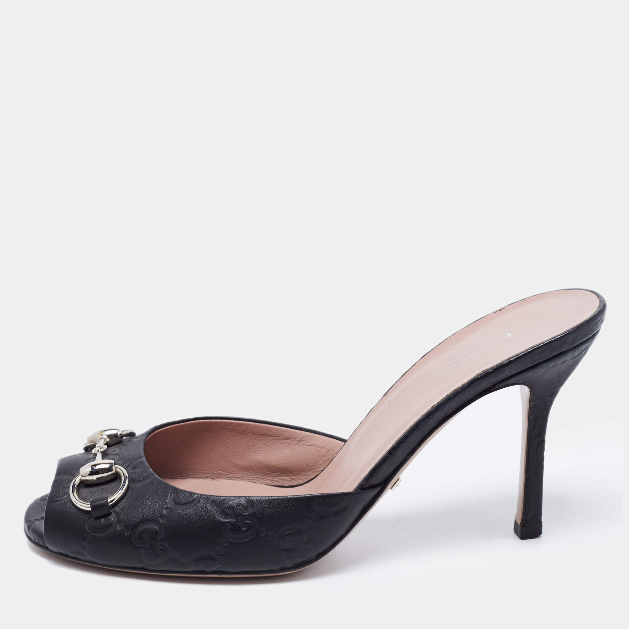 Gucci Black Guccissima Leather Horsebit  Peep-Toe Slides Size 37