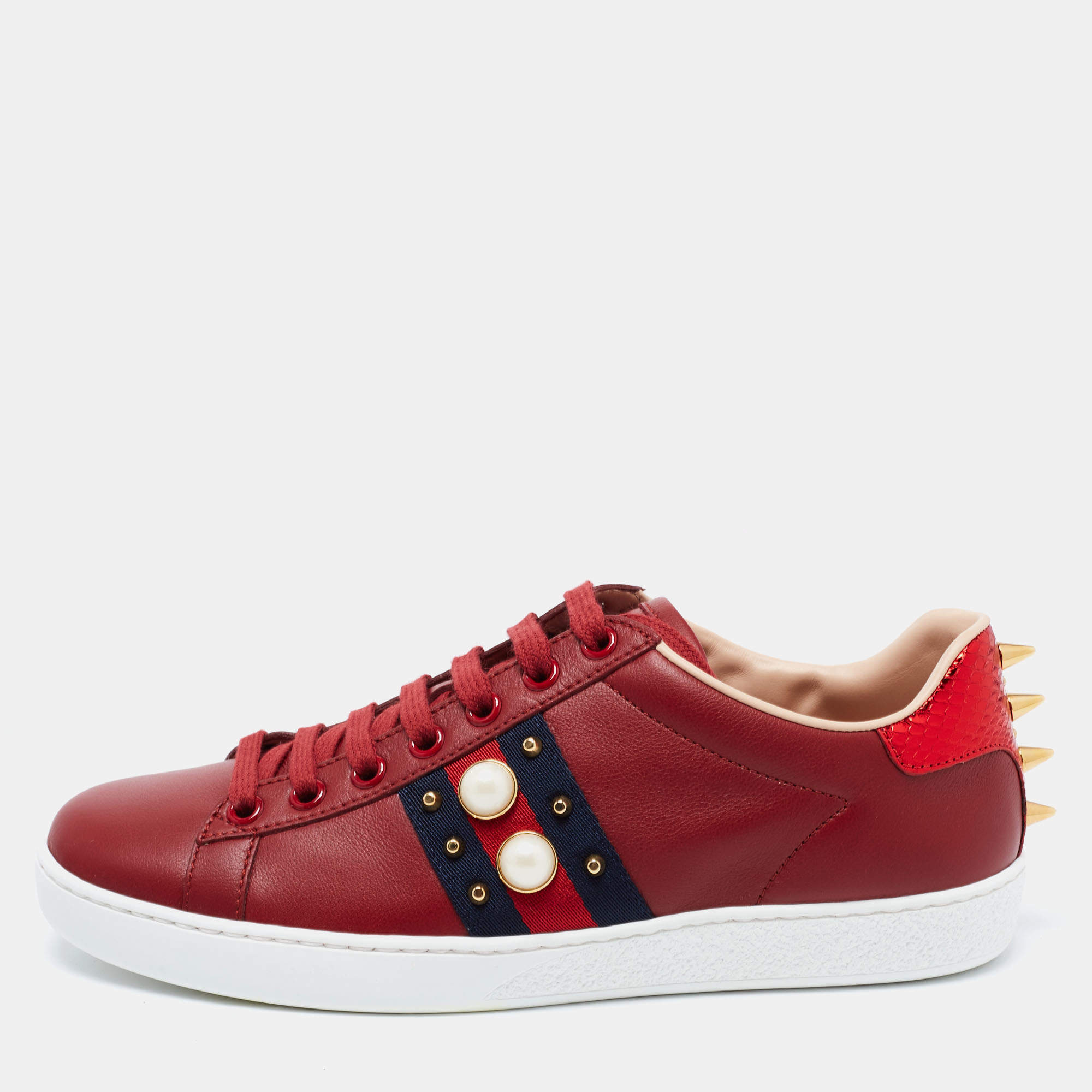 Pre Owned Gucci Red Leather Web And Pearl New Ace Low-Top Sneakers Size 36