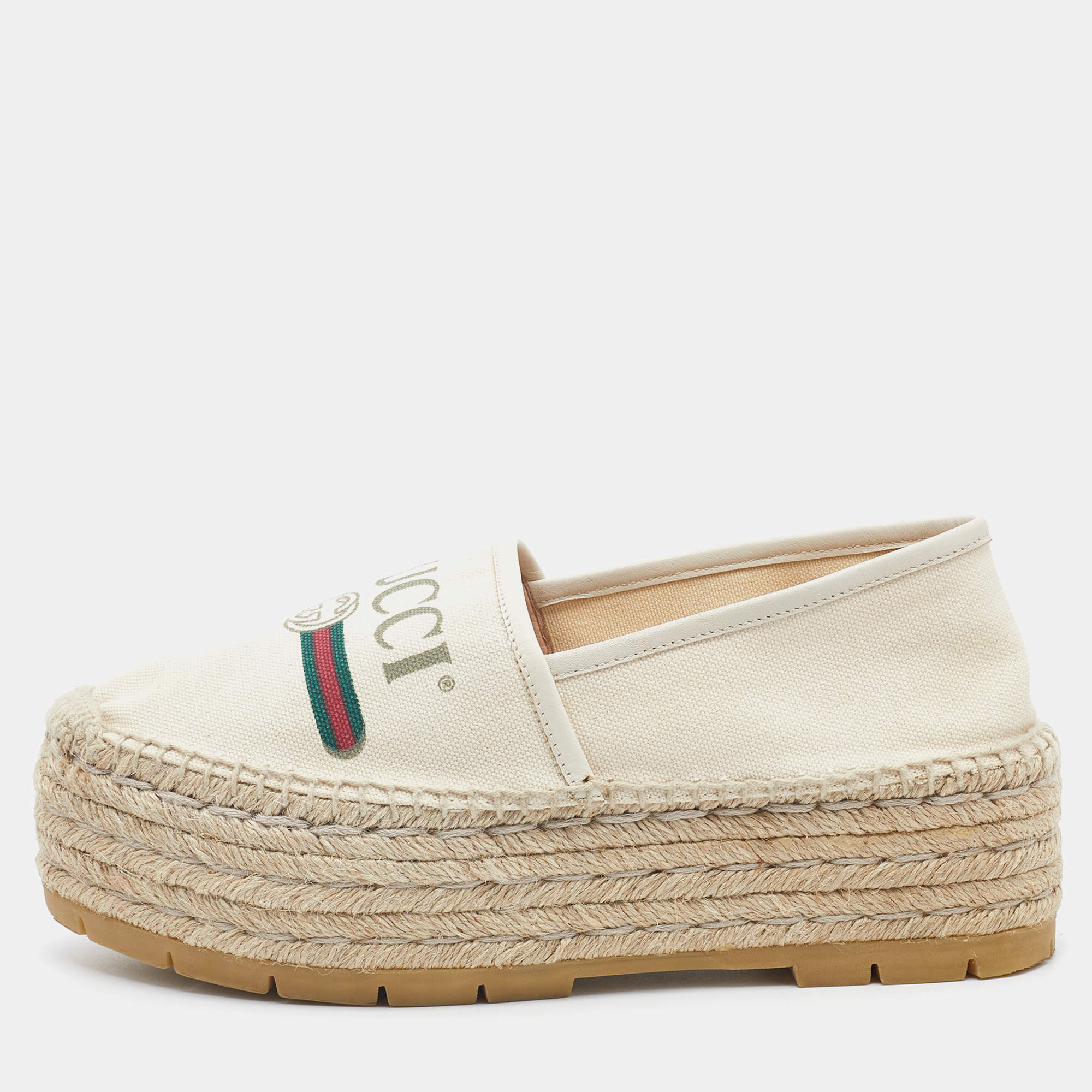 Pre Owned Gucci Off White Canvas Logo Platform Espadrille Flats Size 37