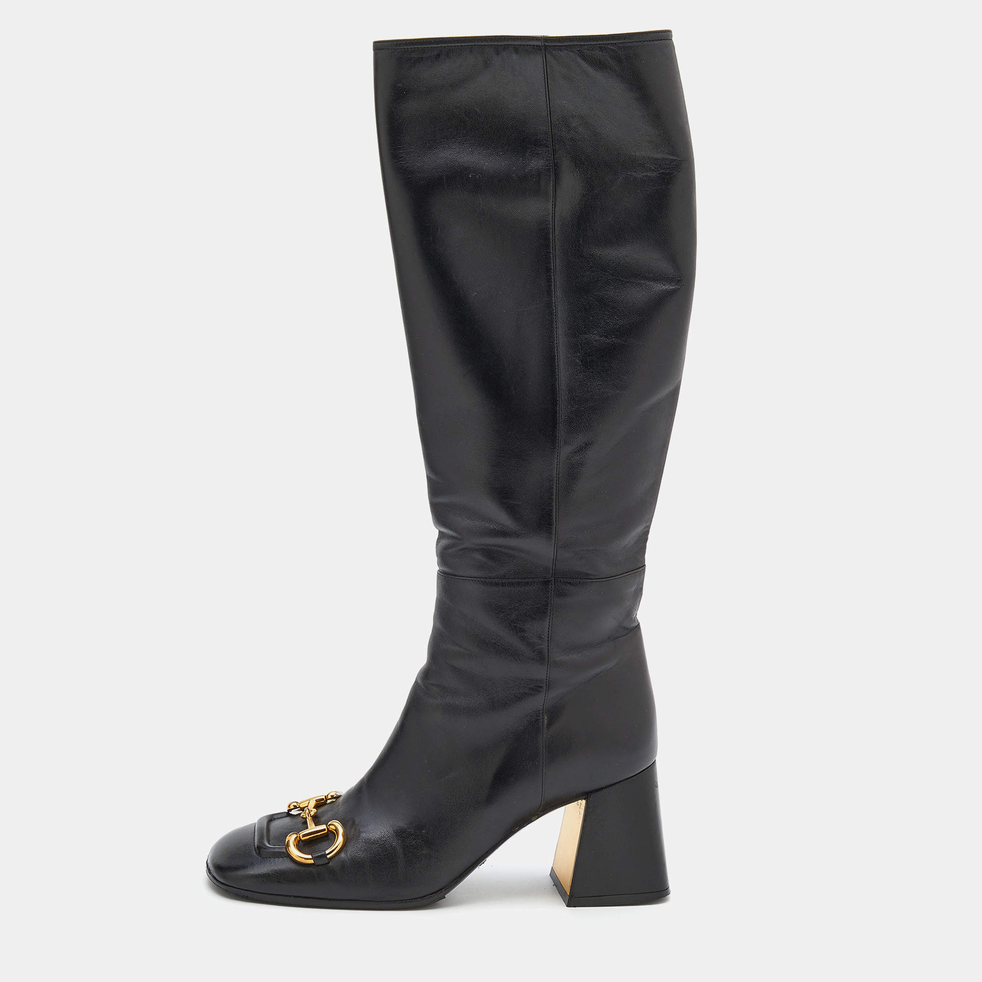 Pre Owned Gucci Black Leather Horsebit Block Heel Knee Length Boots Size 38.5
