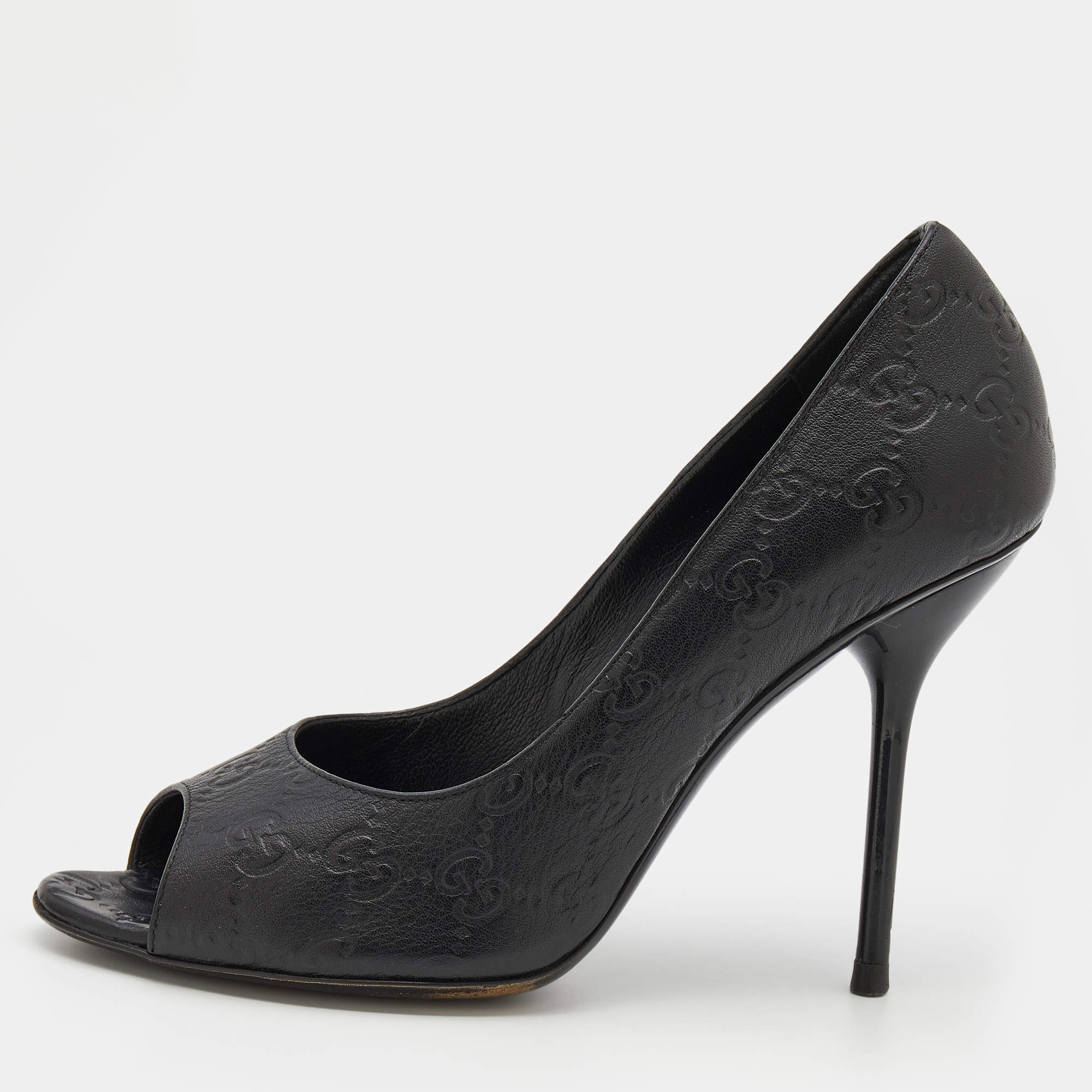 Pre Owned Gucci Black Guccissima Leather Peep Toe Pumps Size 38.5