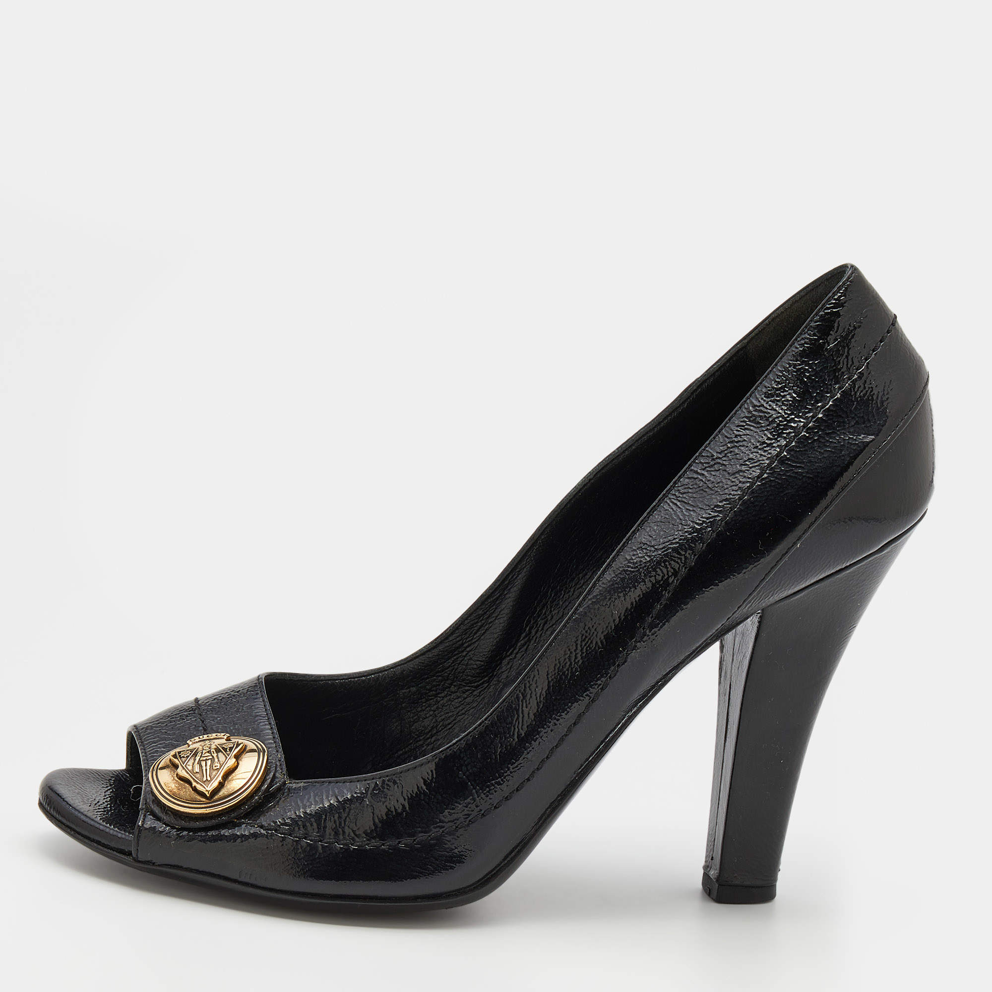 مملوكة مسبقًا Gucci Black Patent Leather Hysteria Open Toe Pumps Size 39