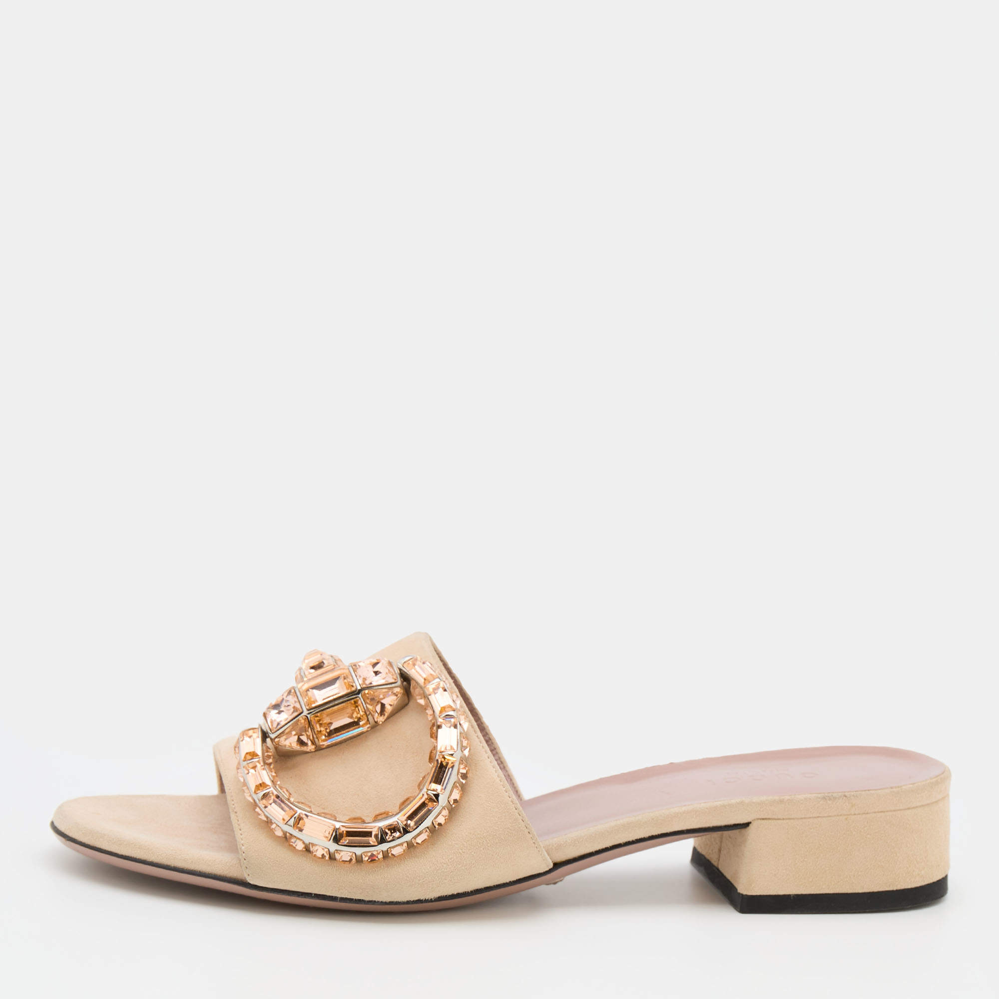 Gucci Beige Suede Crystal Icon Bit Maxime Slide Sandals Size 37