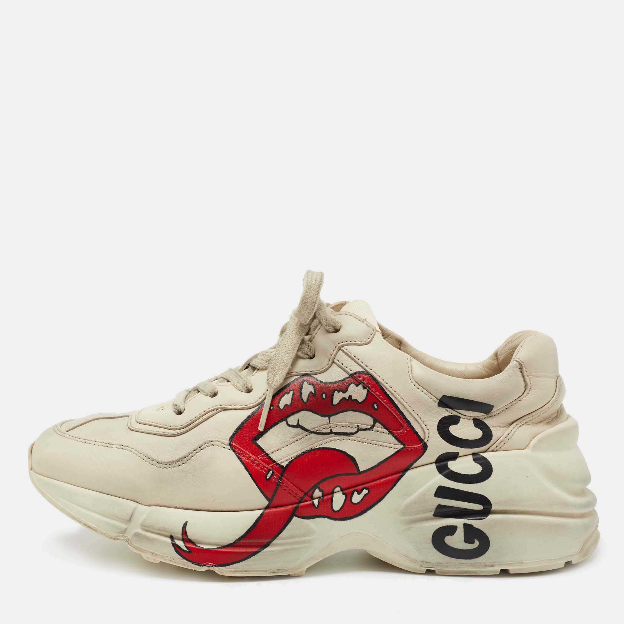 Pre Owned Gucci Cream Leather Rhyton Rock'n'Roll Lace Up Sneakers Size 39