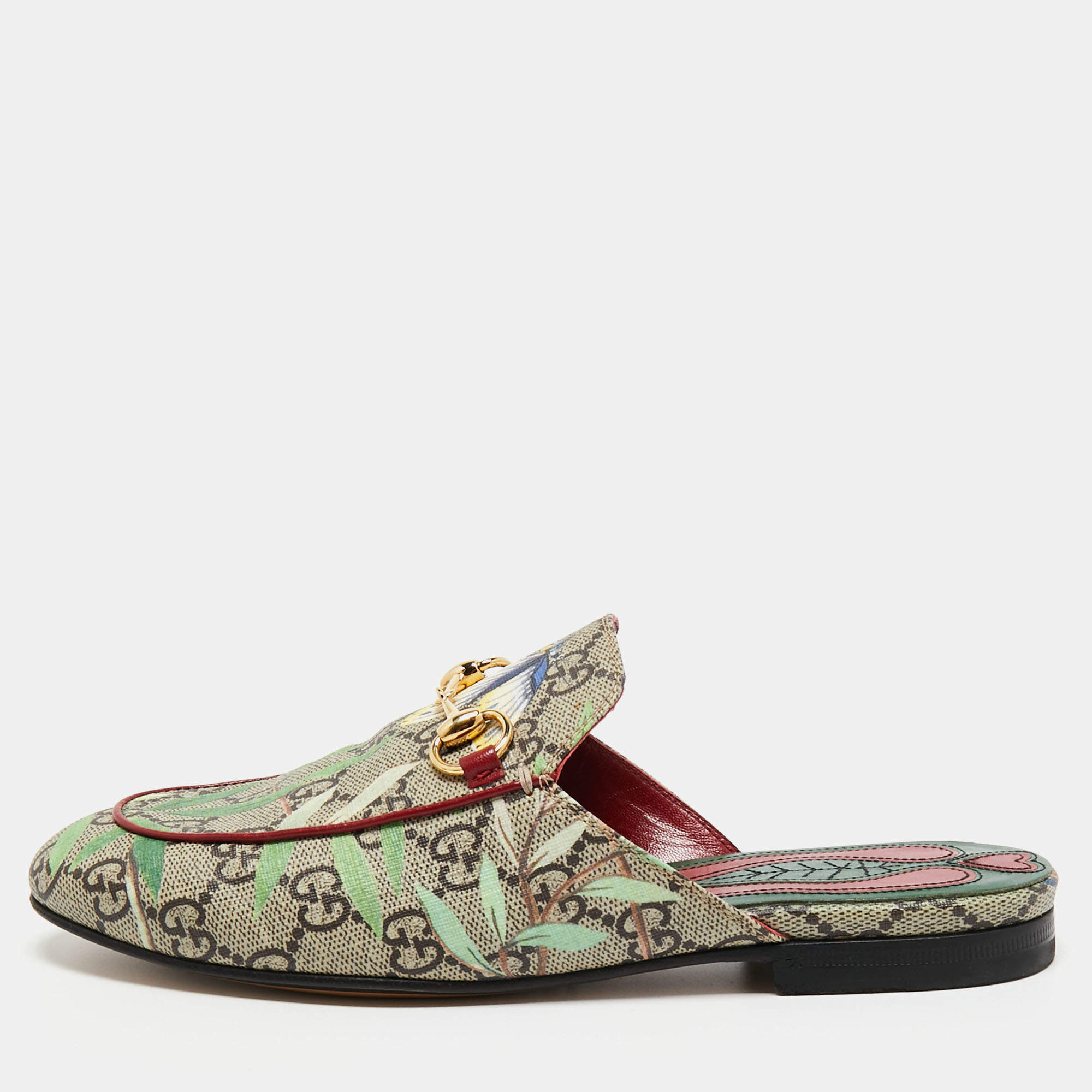 مملوكة مسبقًا Gucci Beige/Brown GG Supreme Canvas Tian Princetown Flat Mules Size 35