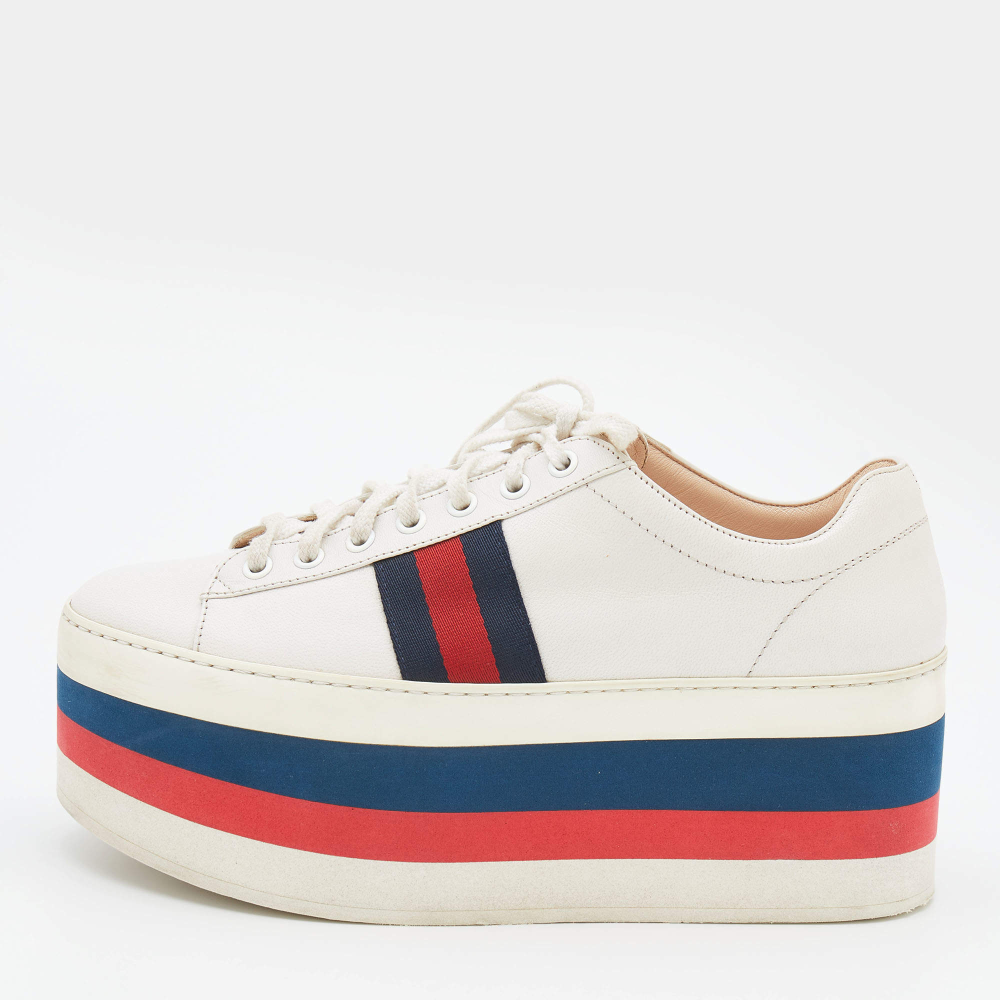 Pre Owned Gucci White Leather Peggy Web Detail Platform Sneakers Size 39