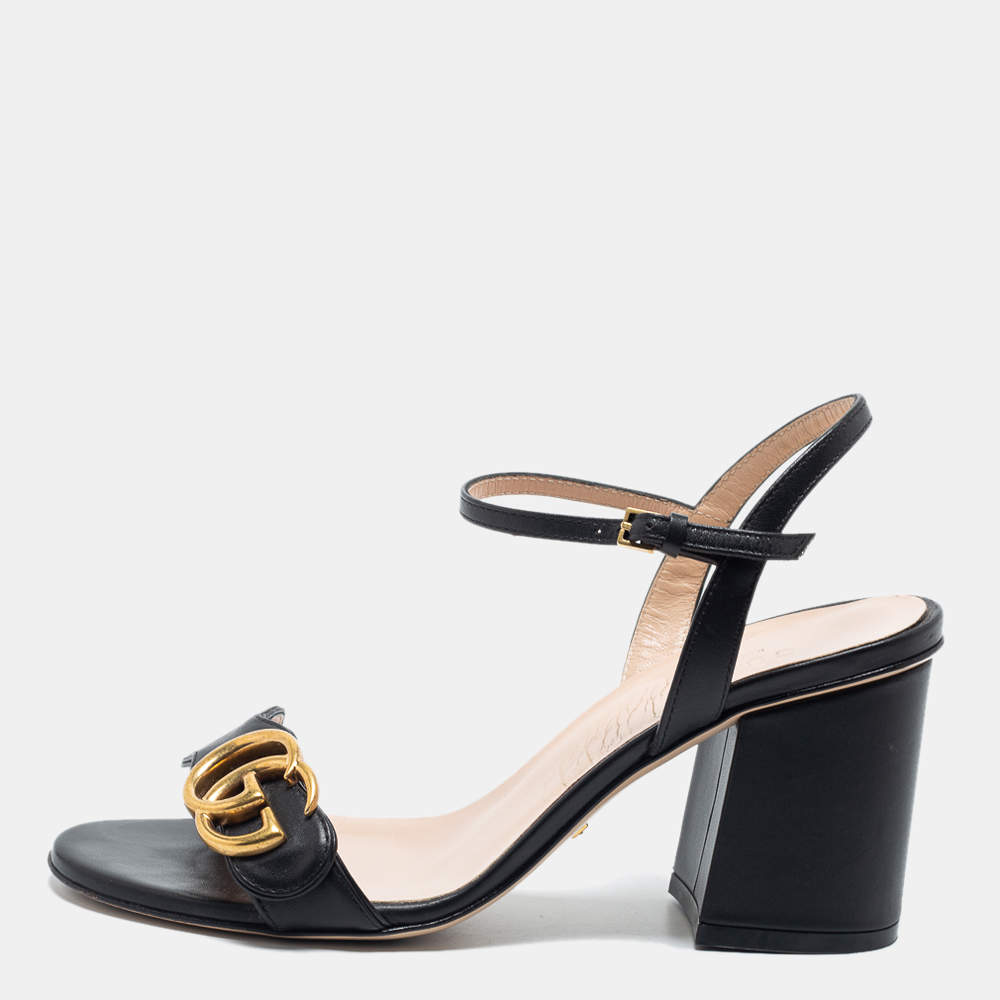 مملوكة مسبقًا Gucci Black Leather GG Marmont Ankle Strap Sandals Size 36