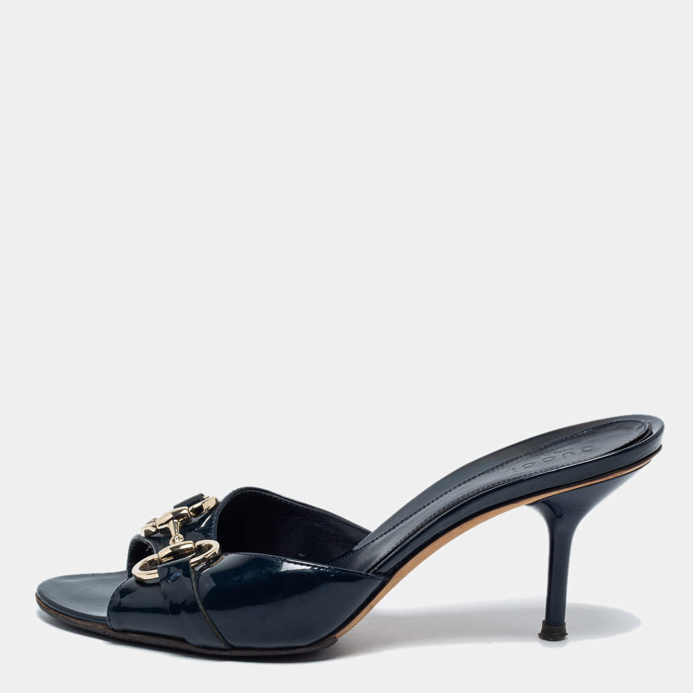 Gucci Navy Blue Patent Leather Hollywood Slide Sandals Size 36