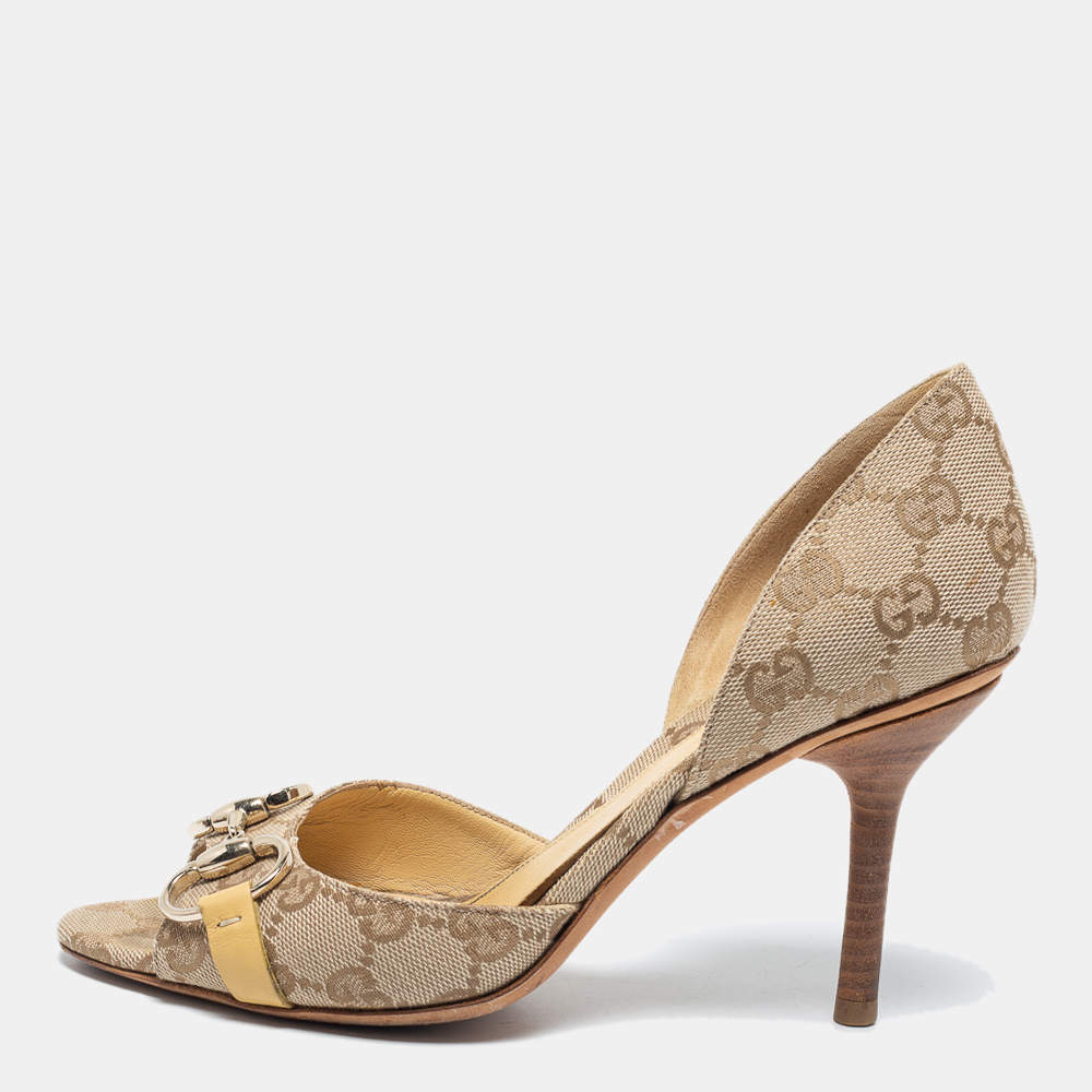 Pre Owned Gucci Beige/Brown GG Canvas Hollywood Horsebit D'orsay Pumps Size 36