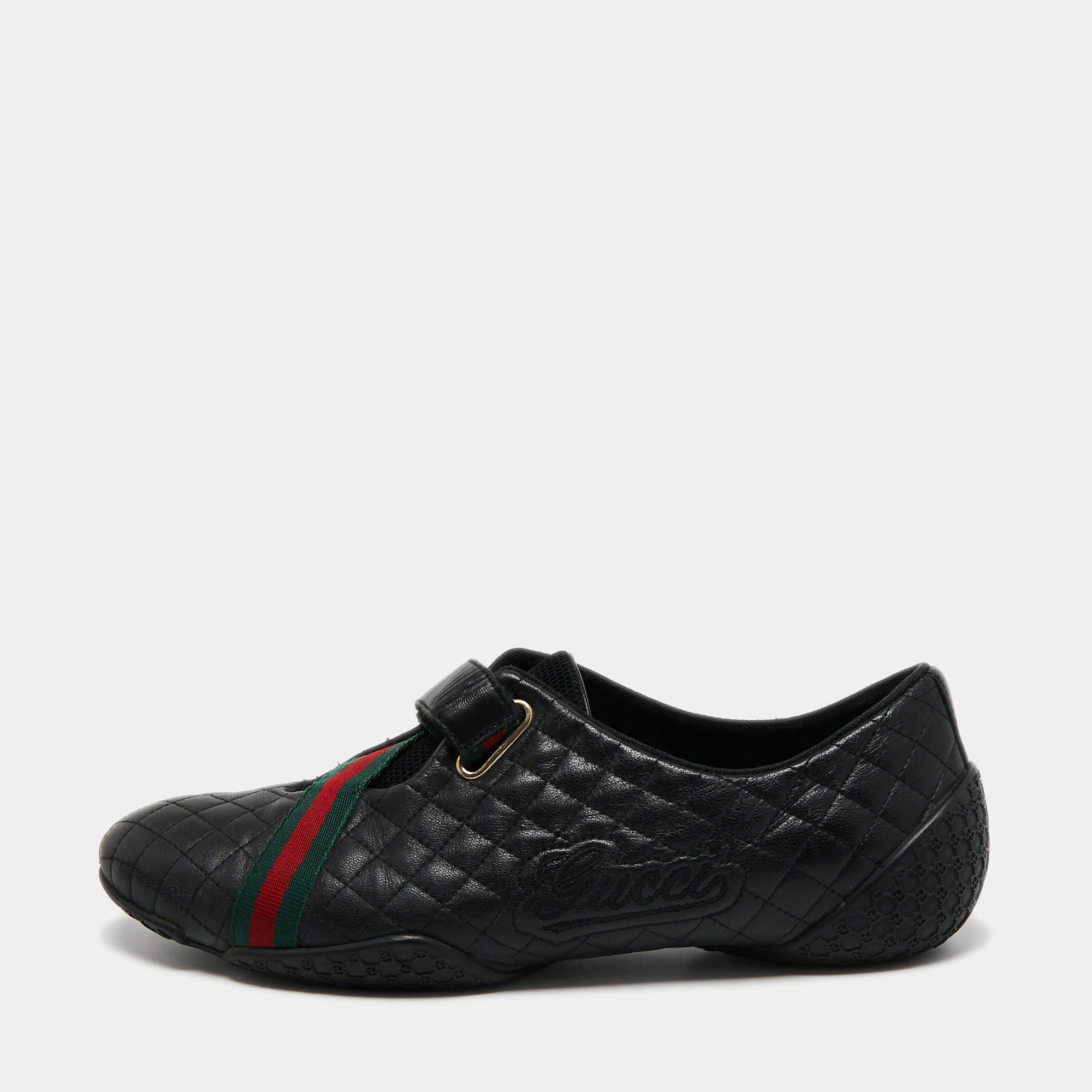 مملوكة مسبقًا Gucci Black Quilted Leather Web Low Top Sneakers Size 36