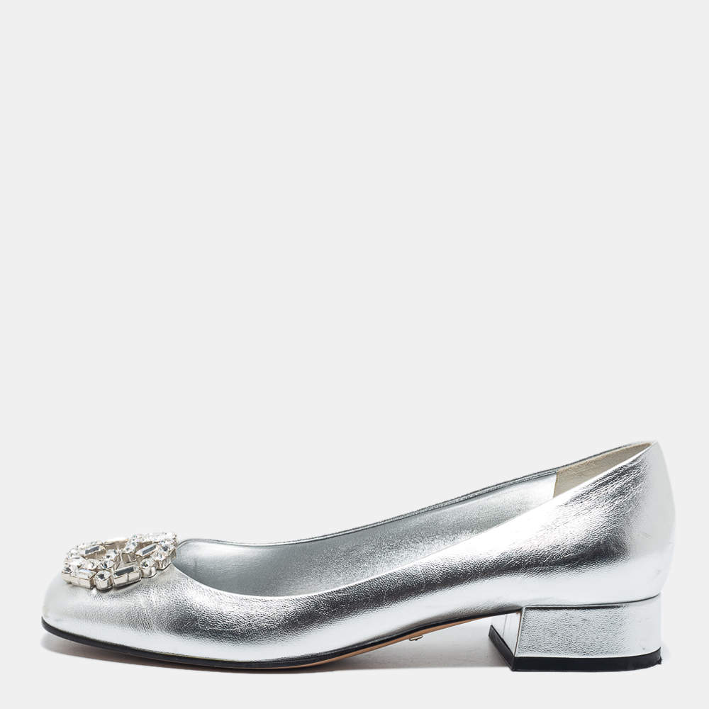 Pre Owned Gucci Silver Leather Interlocking G Logo Embellished Ballet Flats Size 37