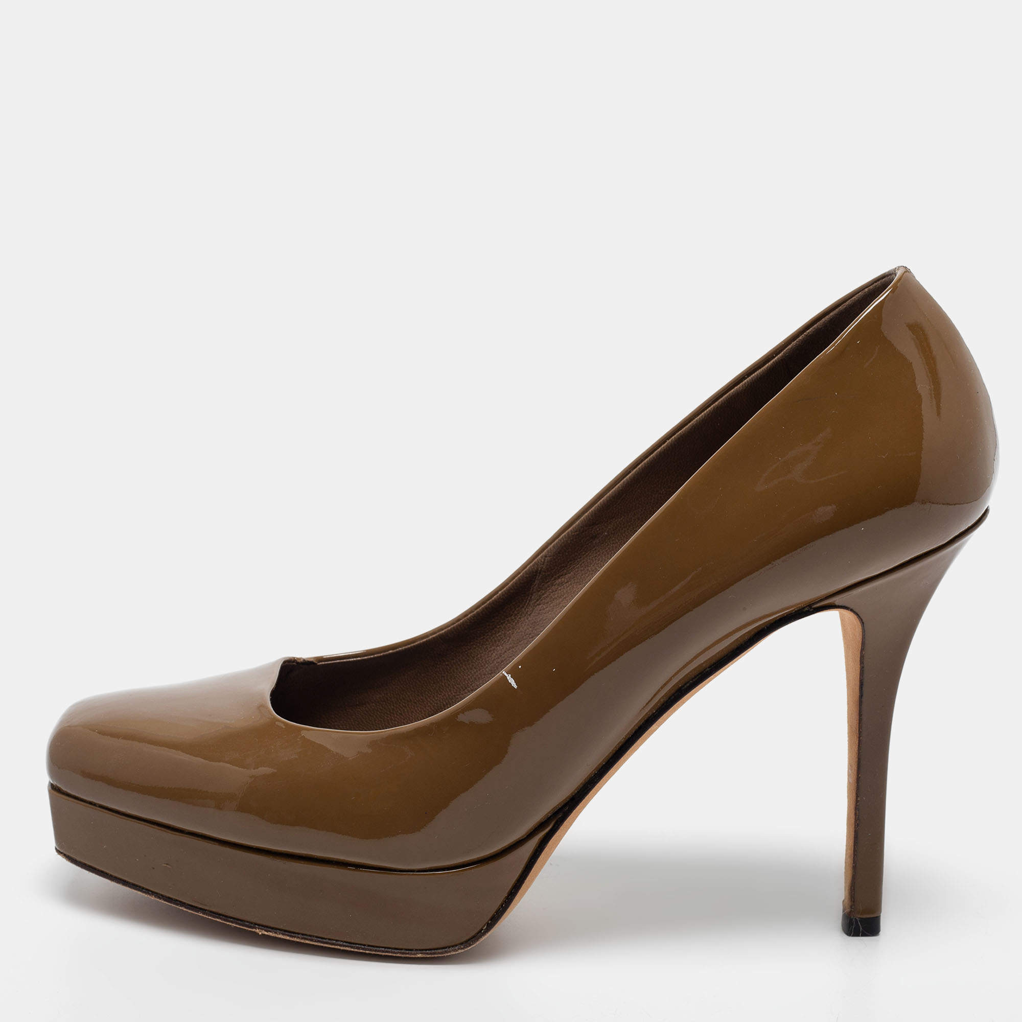 Pre Owned Gucci Olive Green  Patent Leather Tile Square Toe Platform Pumps Size 39