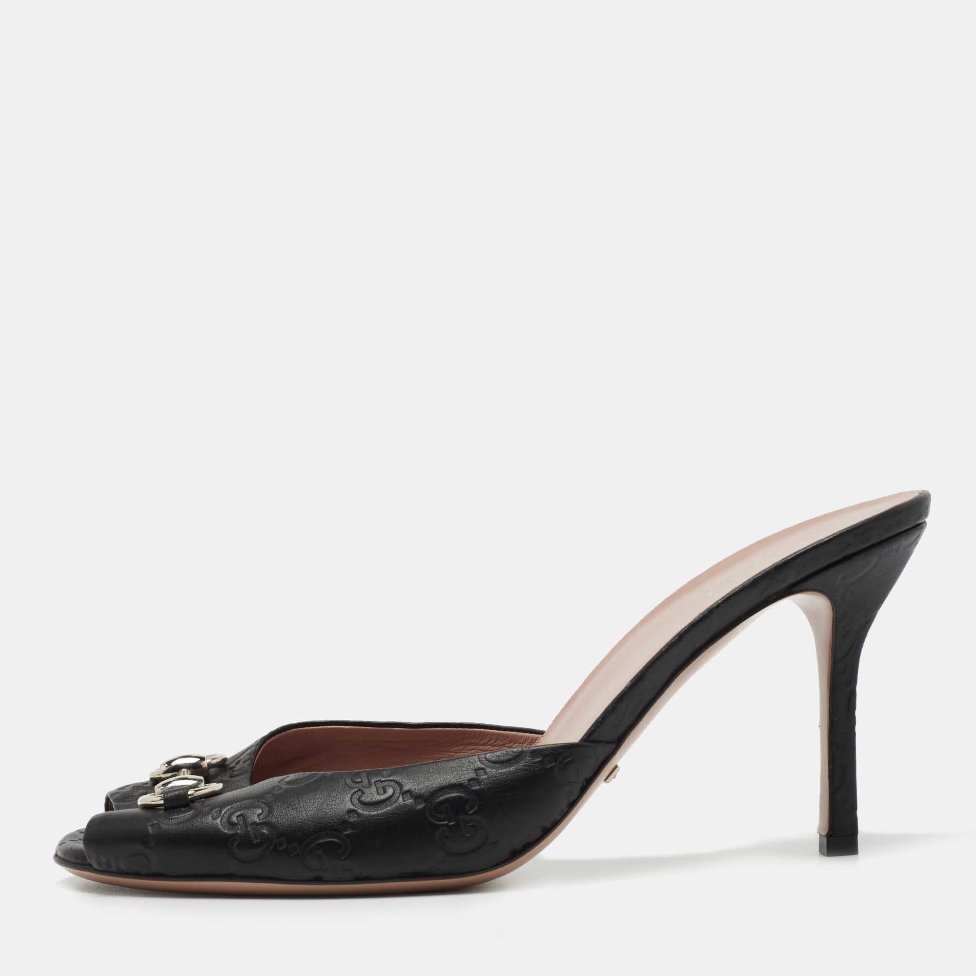 Pre Owned Gucci Black Guccssima Horsebit Hollywood Slide Sandal Size 39.5