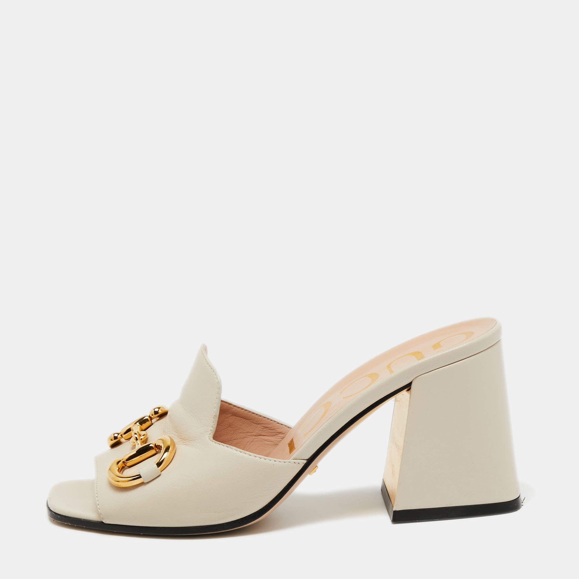 Pre Owned Gucci Cream Leather Horsebit Block Heel Slide Sandals Size 36