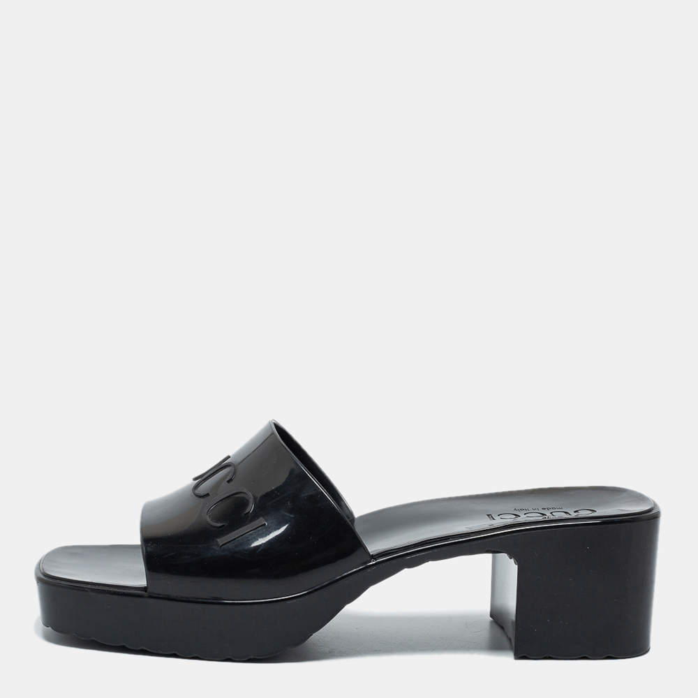 Pre Owned Gucci Black Logo Rubber Slide Block Heel Sandals Size 38