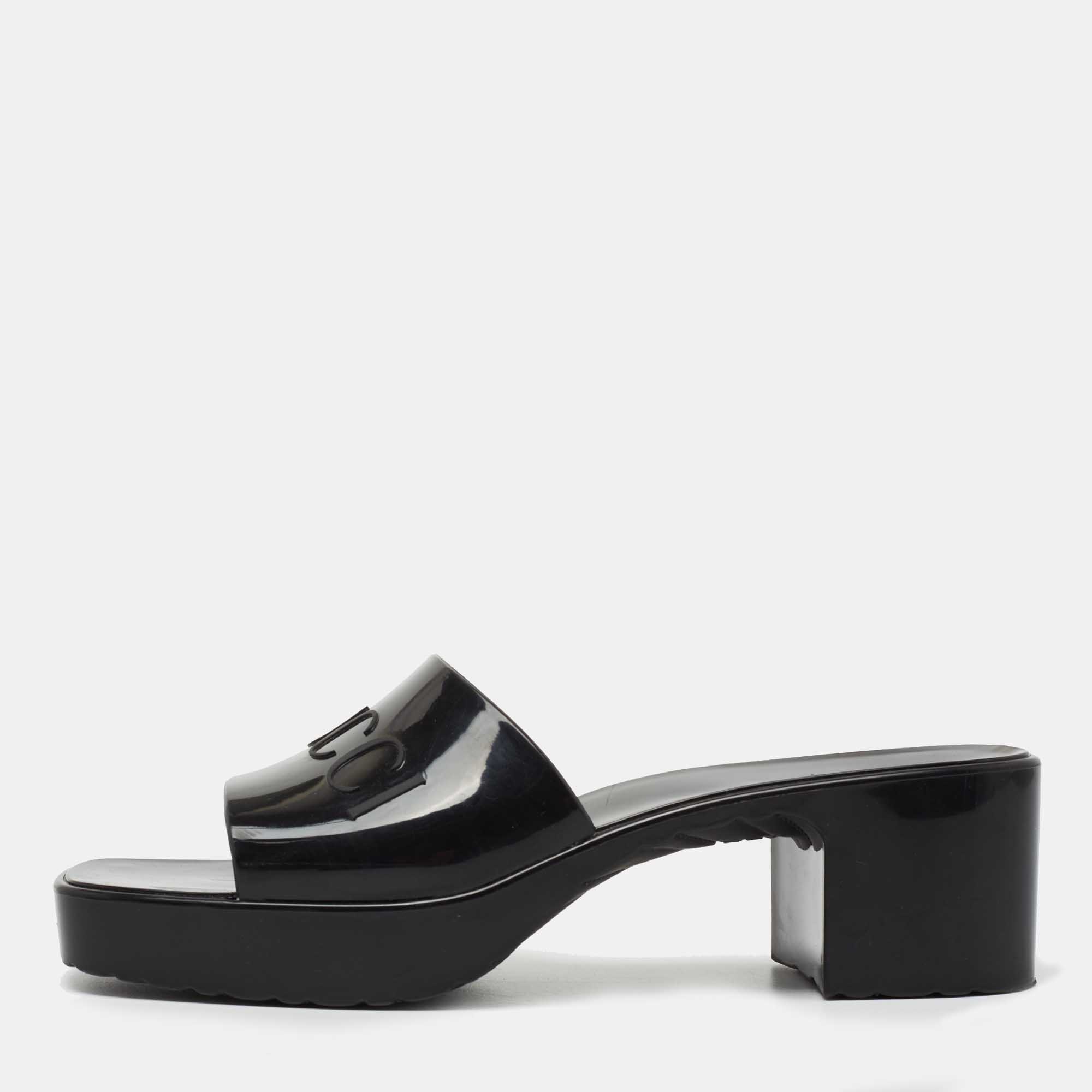 مملوكة مسبقًا Gucci Black Rubber Block Heel Slide Sandals Size 38