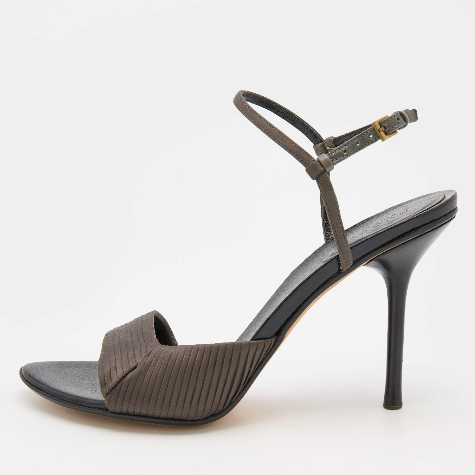 Gucci Dark Grey Pleated Satin Ankle Strap Sandals Size 37.5