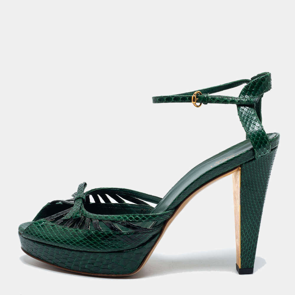 Pre Owned Gucci Green Python Leather Ankle Strap Platform Sandals Size 40