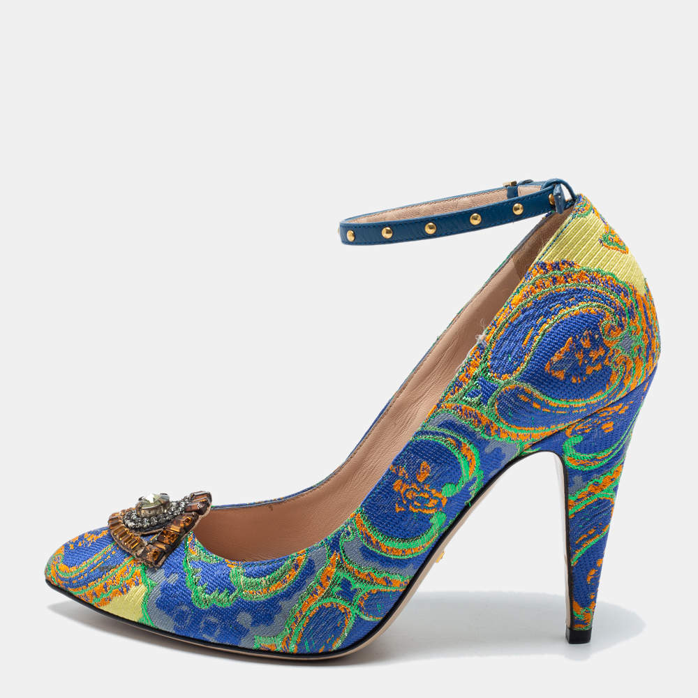 Pre Owned Gucci Multicolor Brocade Fabric and Studded Leather Crystal Embellished Ankle Strap Pumps Size 39