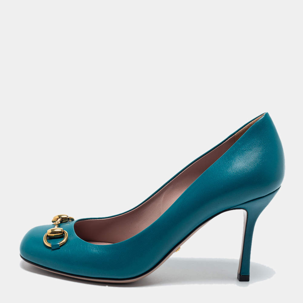 مملوكة مسبقًا Gucci Teal Leather Horsebit Square Toe Pumps Size 36.5