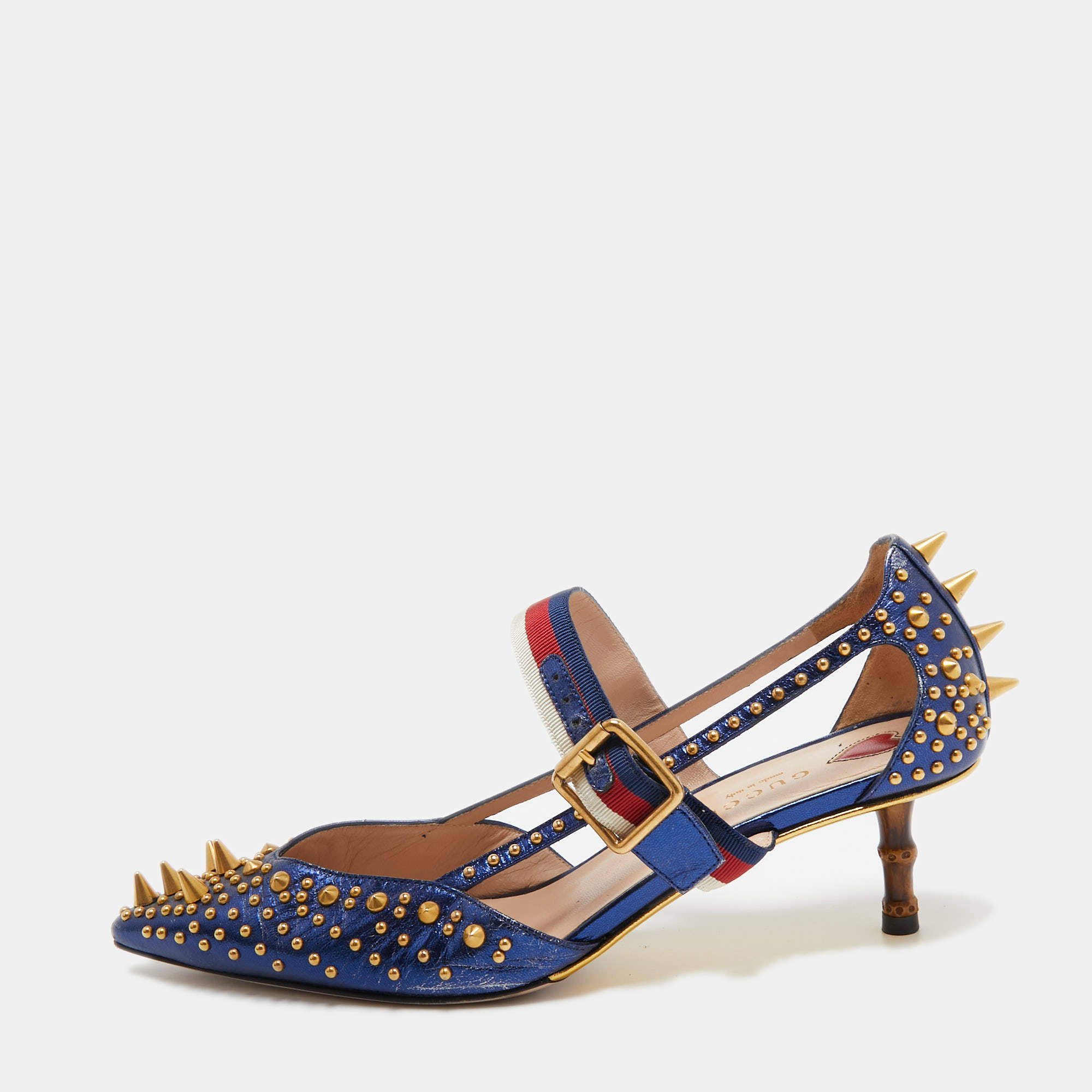 Pre Owned Gucci Metallic Blue Studded Leather Sylvie Mary Jane Pumps Size 37.5