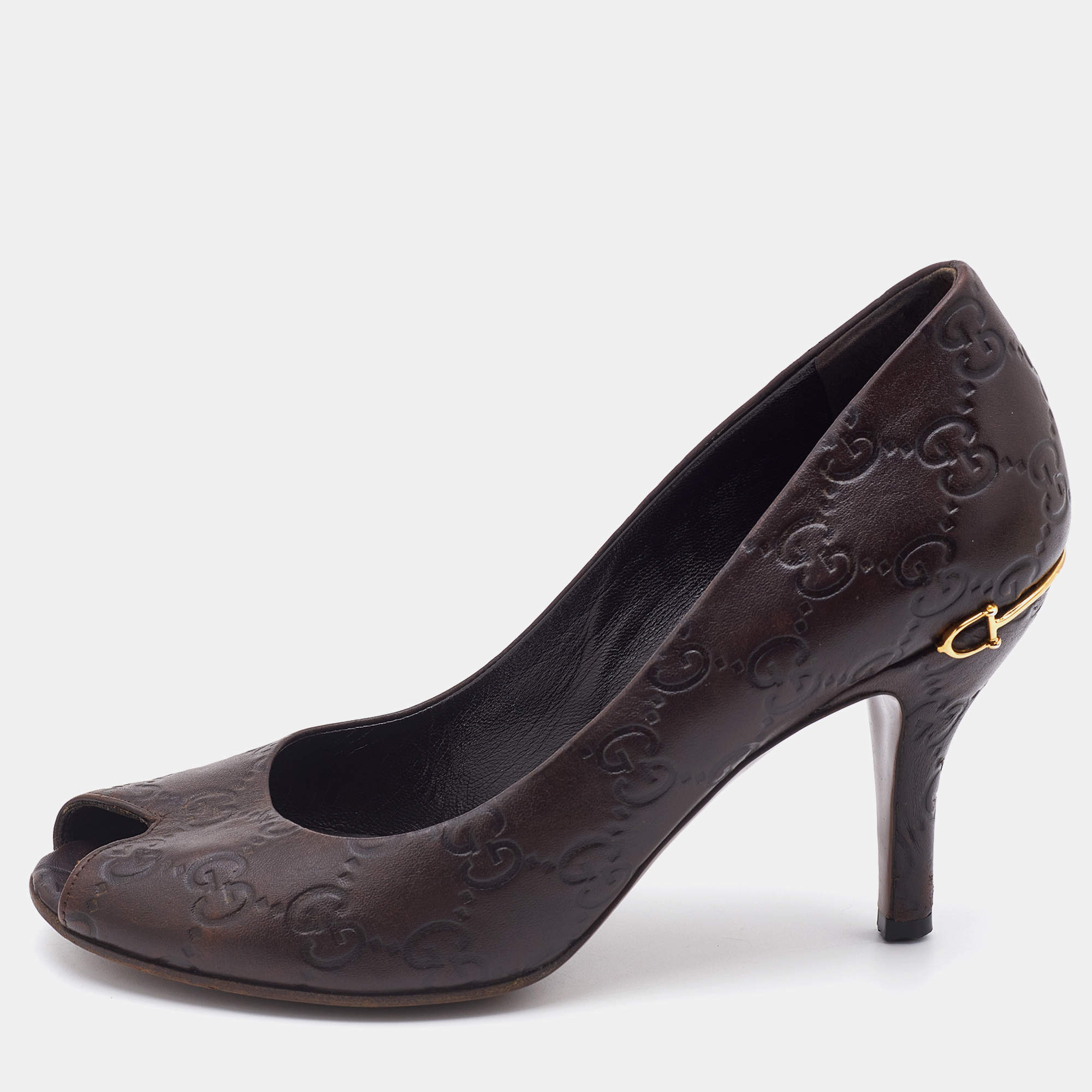 Pre Owned Gucci Dark Brown Guccissima Leather Peep Toe Pumps Size 36