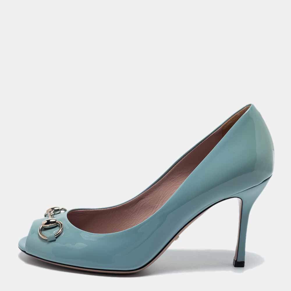 Pre Owned Gucci Light Blue Patent Leather Horsebit Peep Toe Pumps Size 38.5